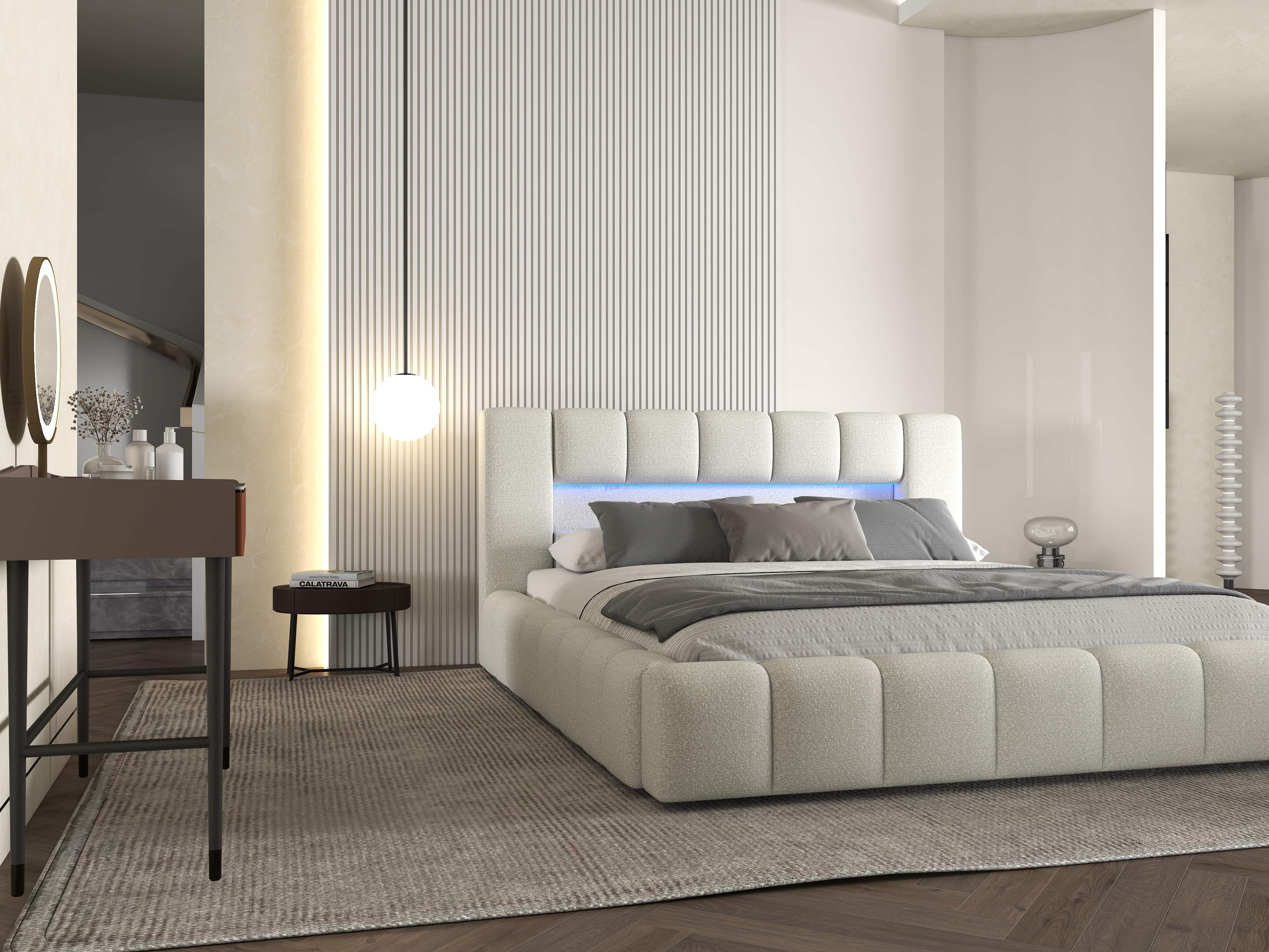 Pat dormitor dumonde, tapitat bej cu LED si USB, Palermo 160x200 cm, somiera rabatabila inclusa, spatiu depozitare WLS