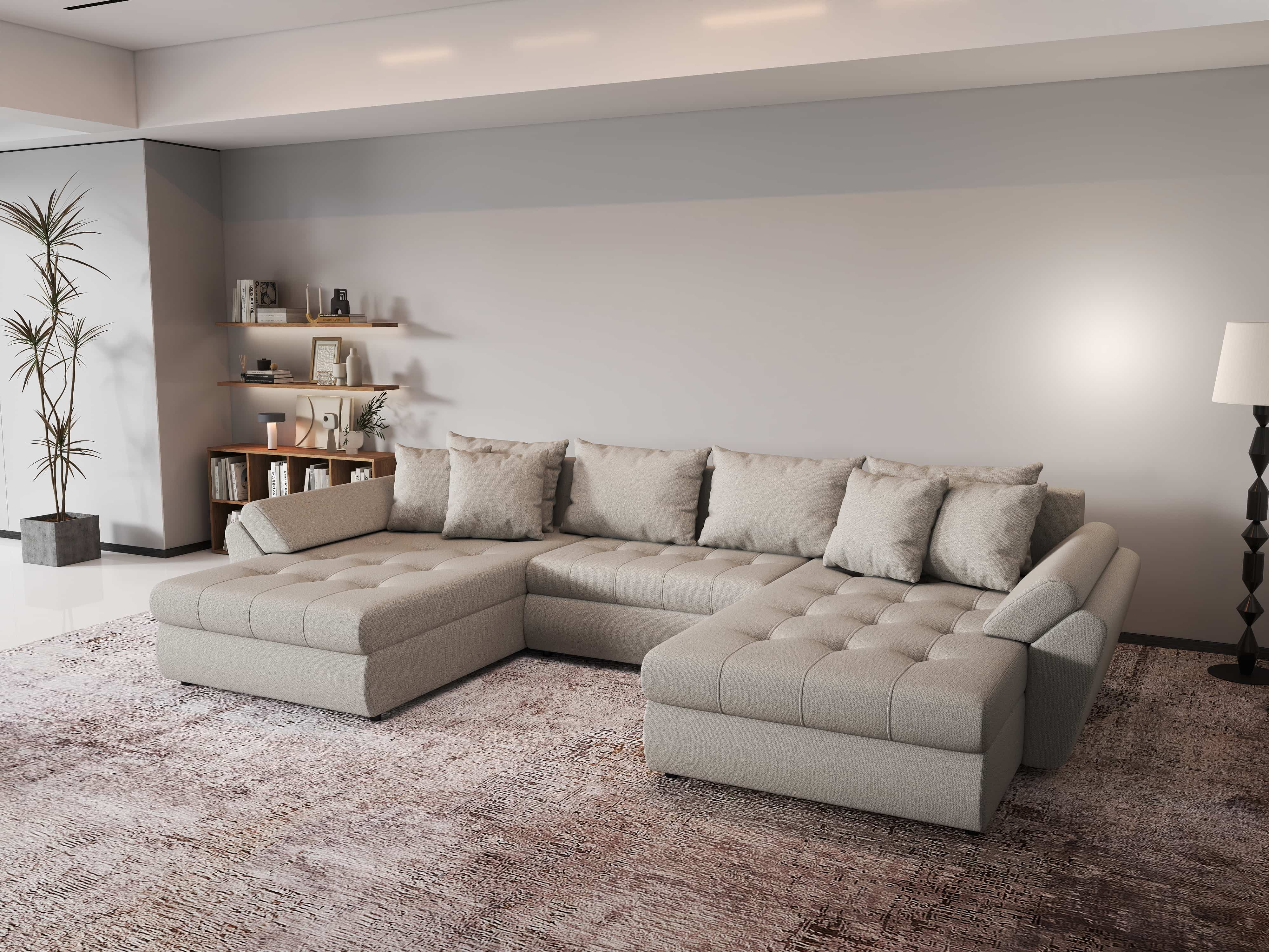 Colțar extensibil dumonde cu ladă de depozitare si sezut confortabil din spuma HR, Loana Bej U 355x185 cm Fabrica