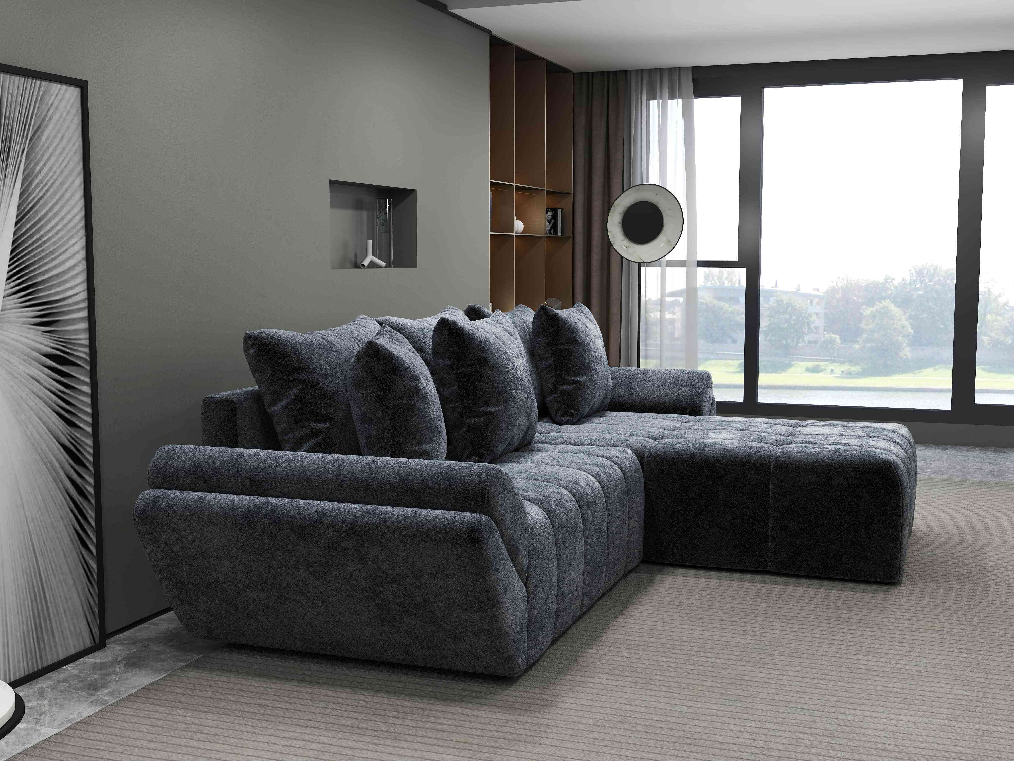 Colțar extensibil dumonde cu ladă de depozitare si sezut confortabil din spuma HR, Berlin Euphoria Grafit 280x185 cm II Fabrica