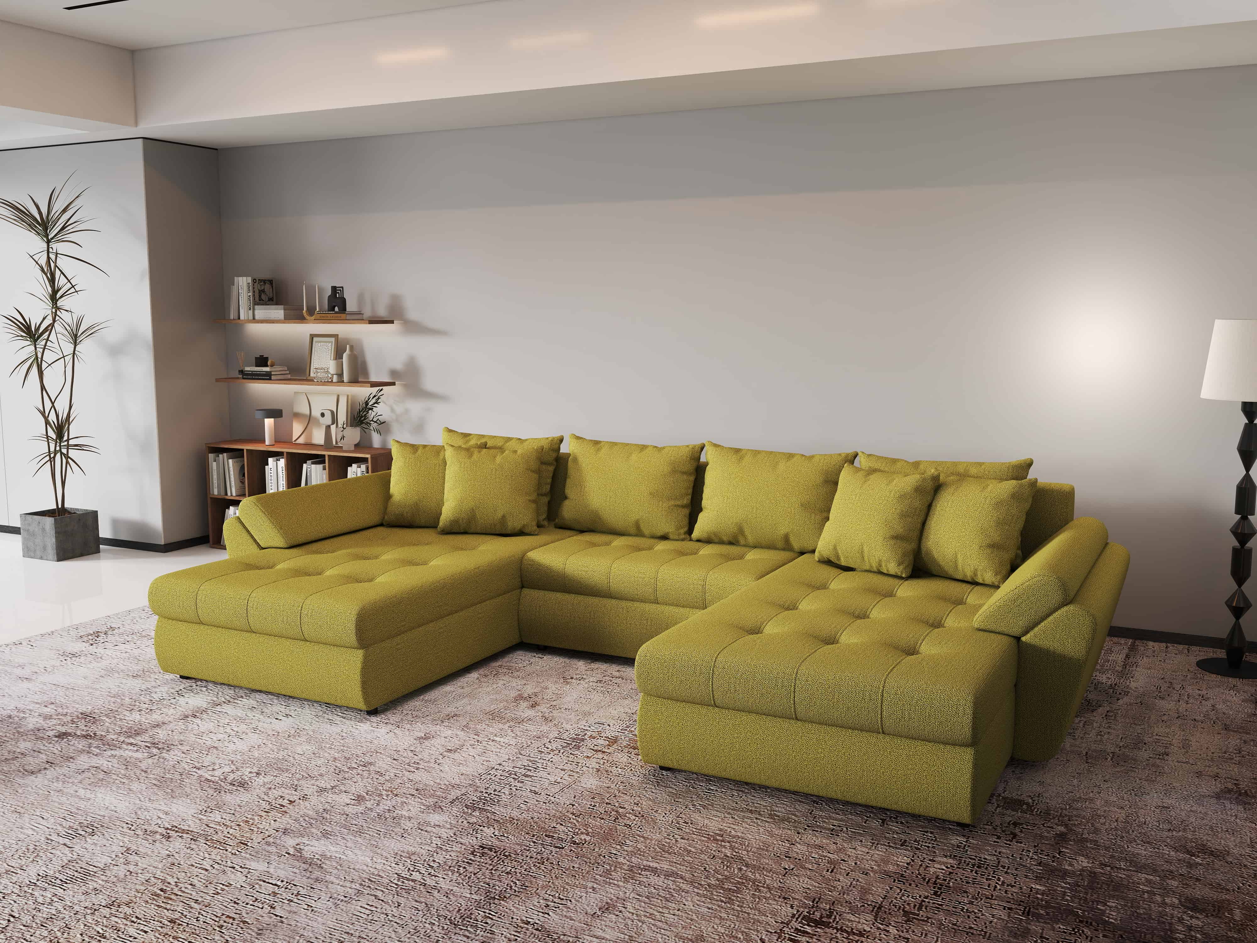 Colțar extensibil dumonde cu ladă de depozitare si sezut confortabil din spuma HR, Loana U Green Lux 355x185 cm Fabrica