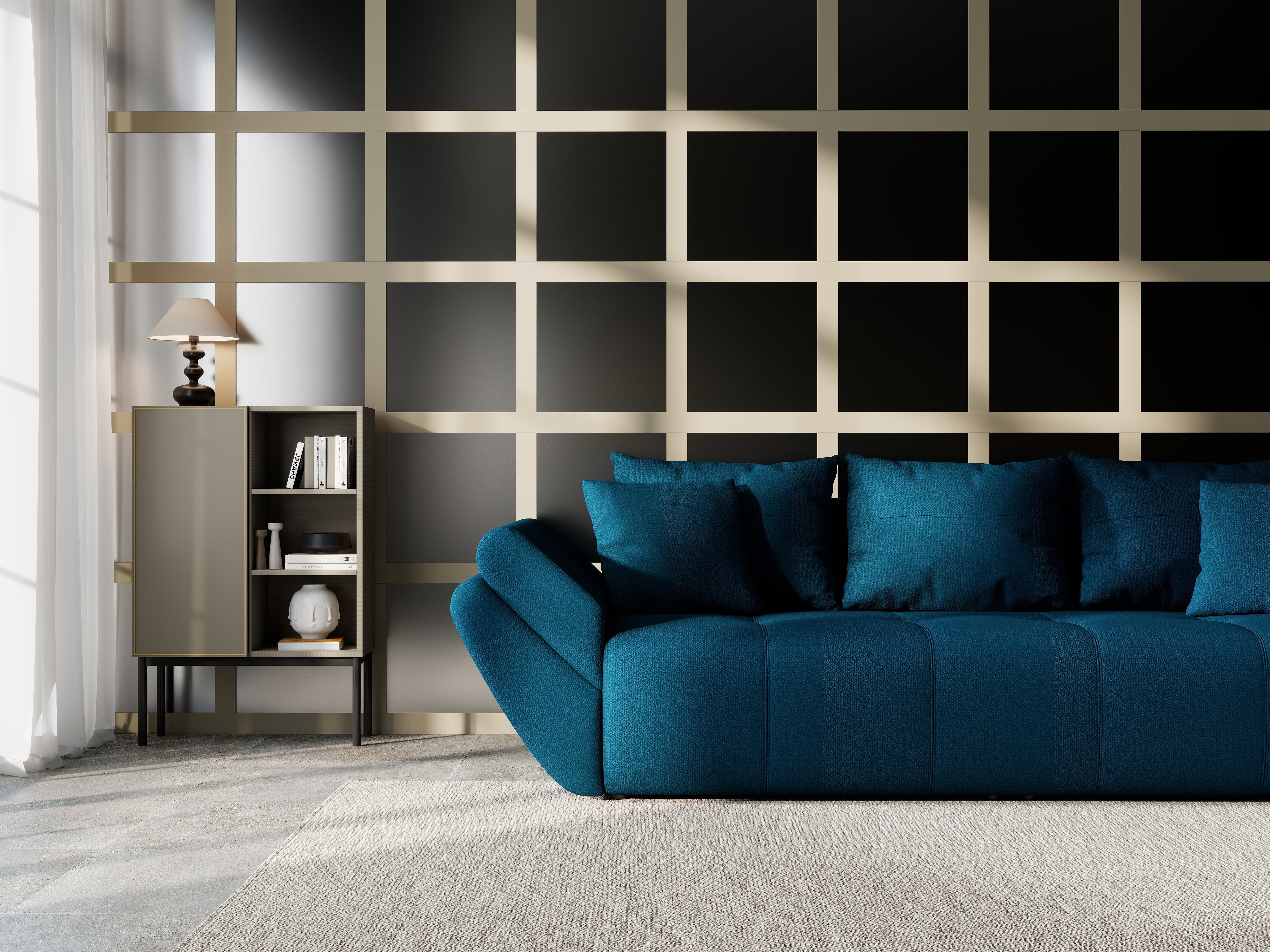 Canapea extensibilă dumonde cu ladă de depozitare si sezut confortabil din spuma HR, Berlin Enjoy Petrol 250x100 cm Fabrica