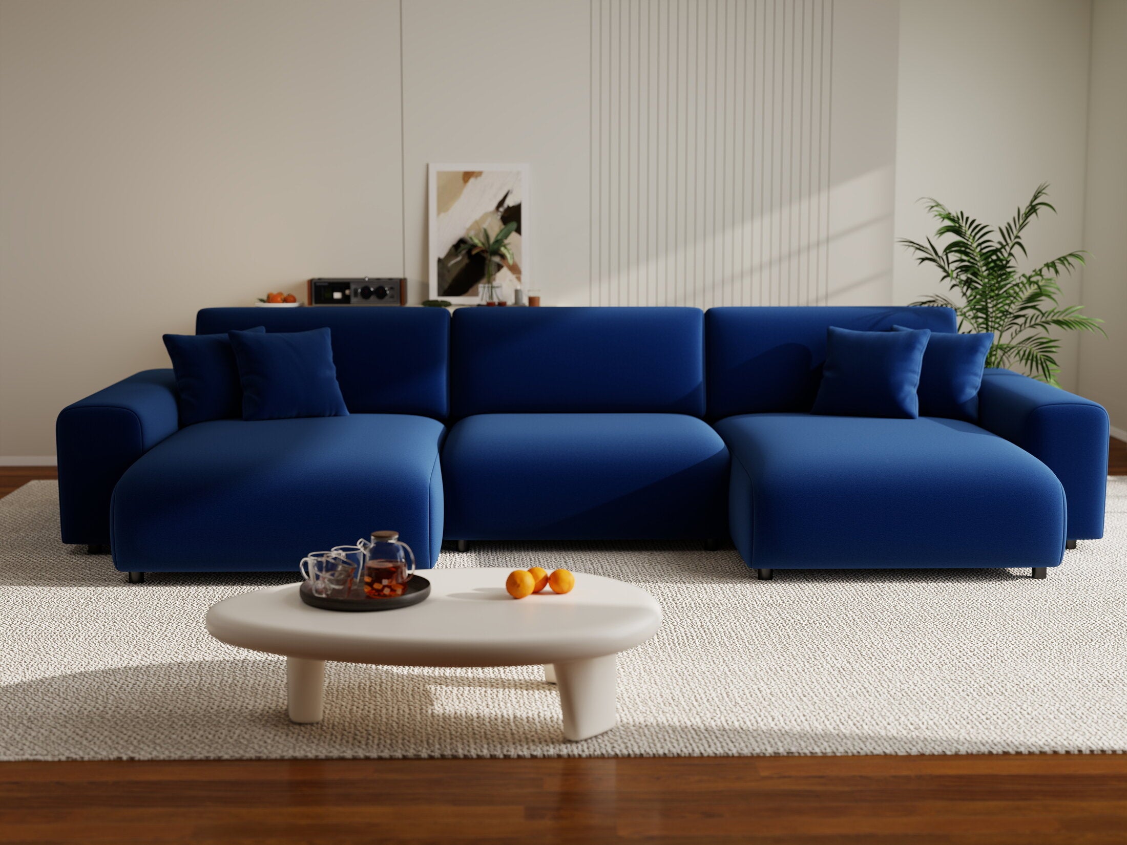 Colțar extensibil dumonde cu ladă de depozitare si sezut confortabil din spuma HR, Sarina U Royal Albastru Navy 350x168 cm