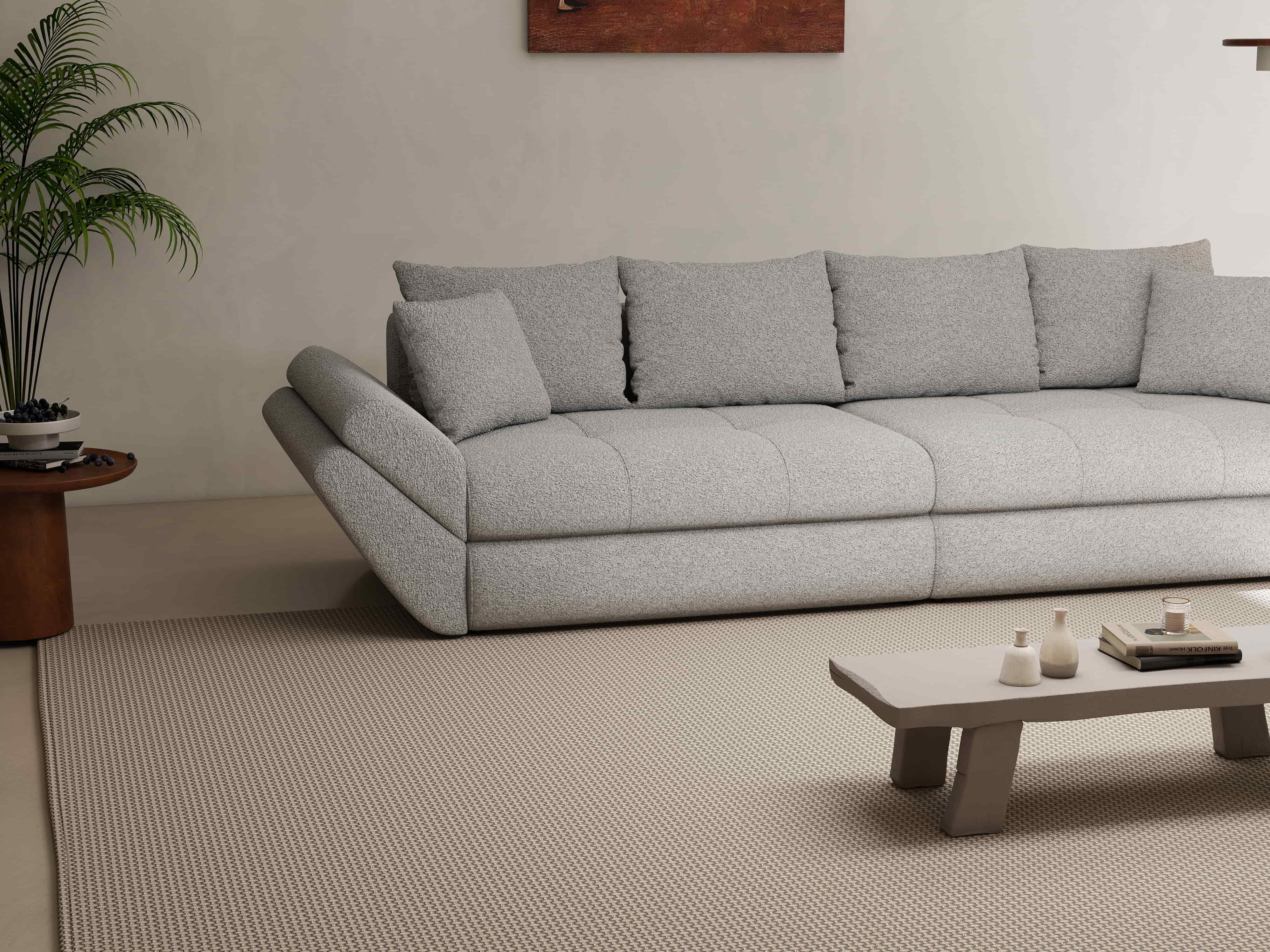 Canapea extensibilă dumonde cu ladă de depozitare si sezut confortabil din spuma HR, Loana Euphoria Dove 300x100 cm Fabrica