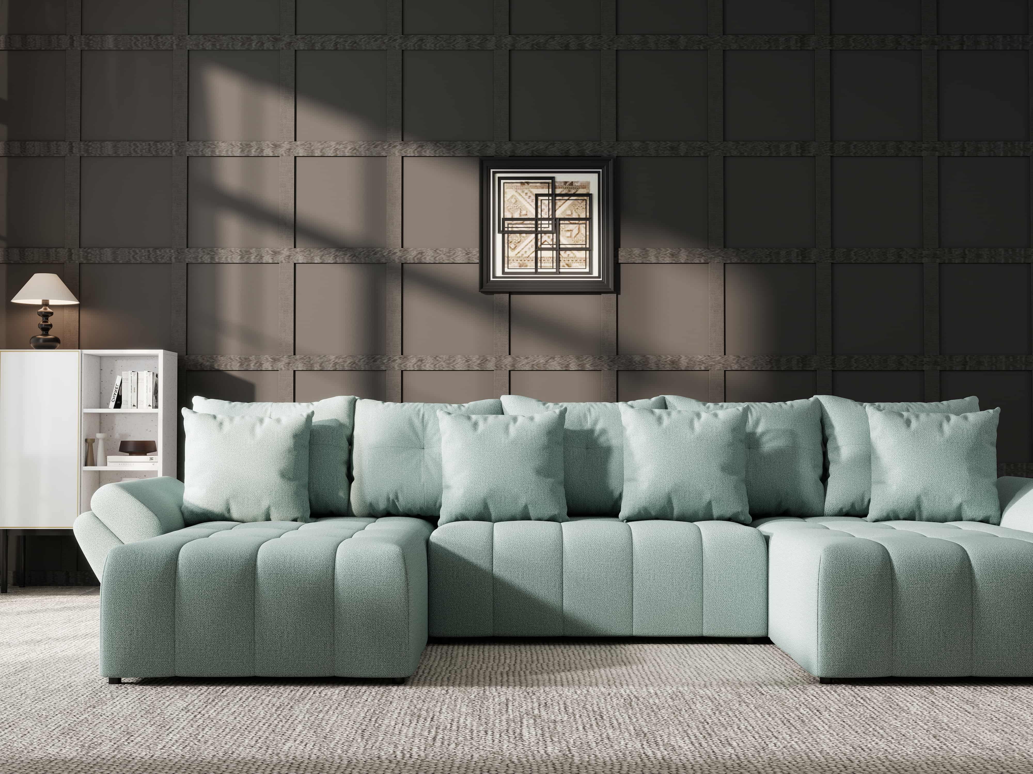 Colțar extensibil dumonde cu ladă de depozitare si sezut confortabil din spuma HR, Berlin U Enjoy Mint 380x180 cm Fabrica