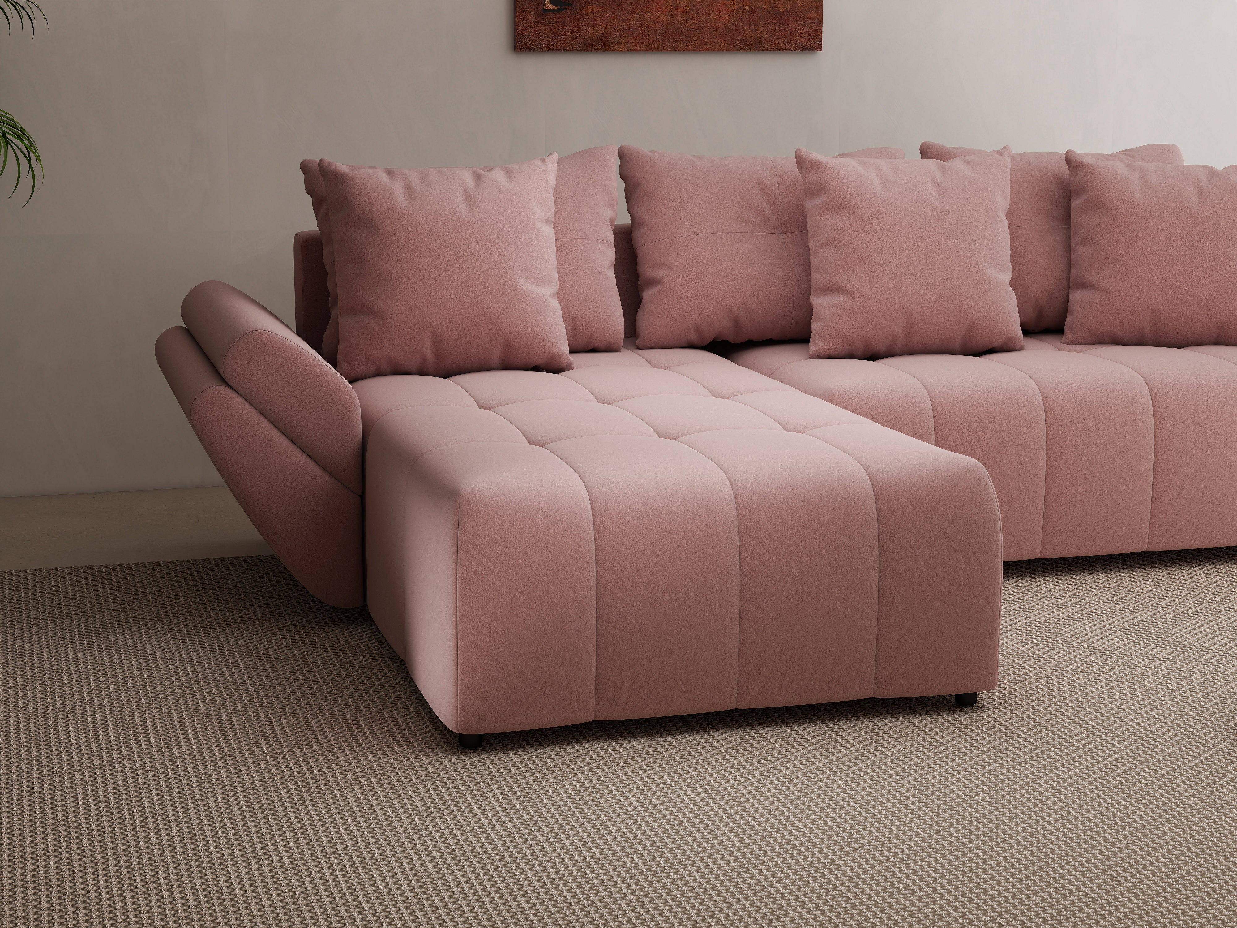 Colțar extensibil dumonde cu ladă de depozitare si sezut confortabil din spuma HR, Berlin Royal Roz 280x185 cm Fabrica