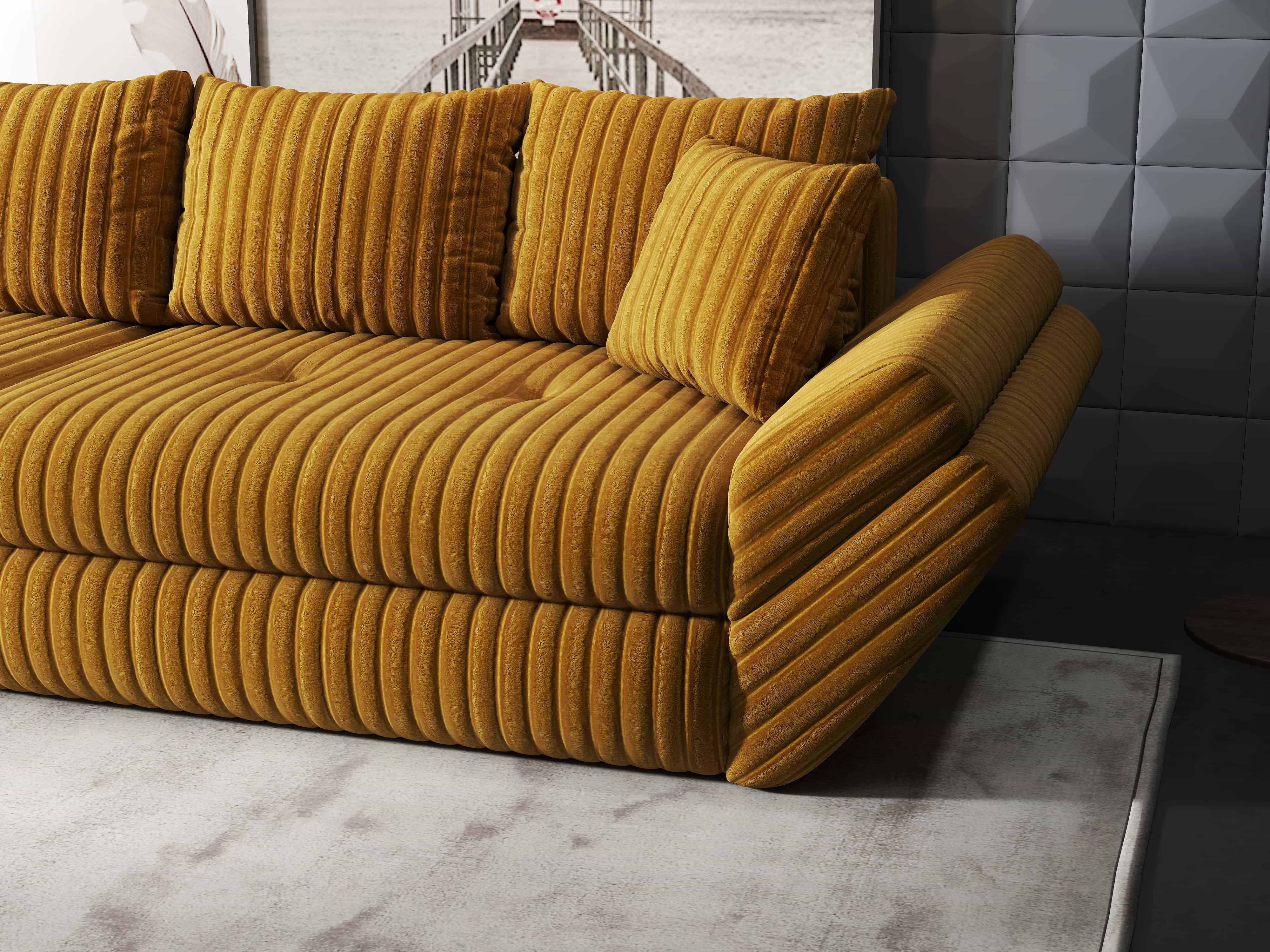 Canapea extensibilă dumonde cu ladă de depozitare si sezut confortabil din spuma HR, Loana Ambience Mustar 300x100 cm Fabrica