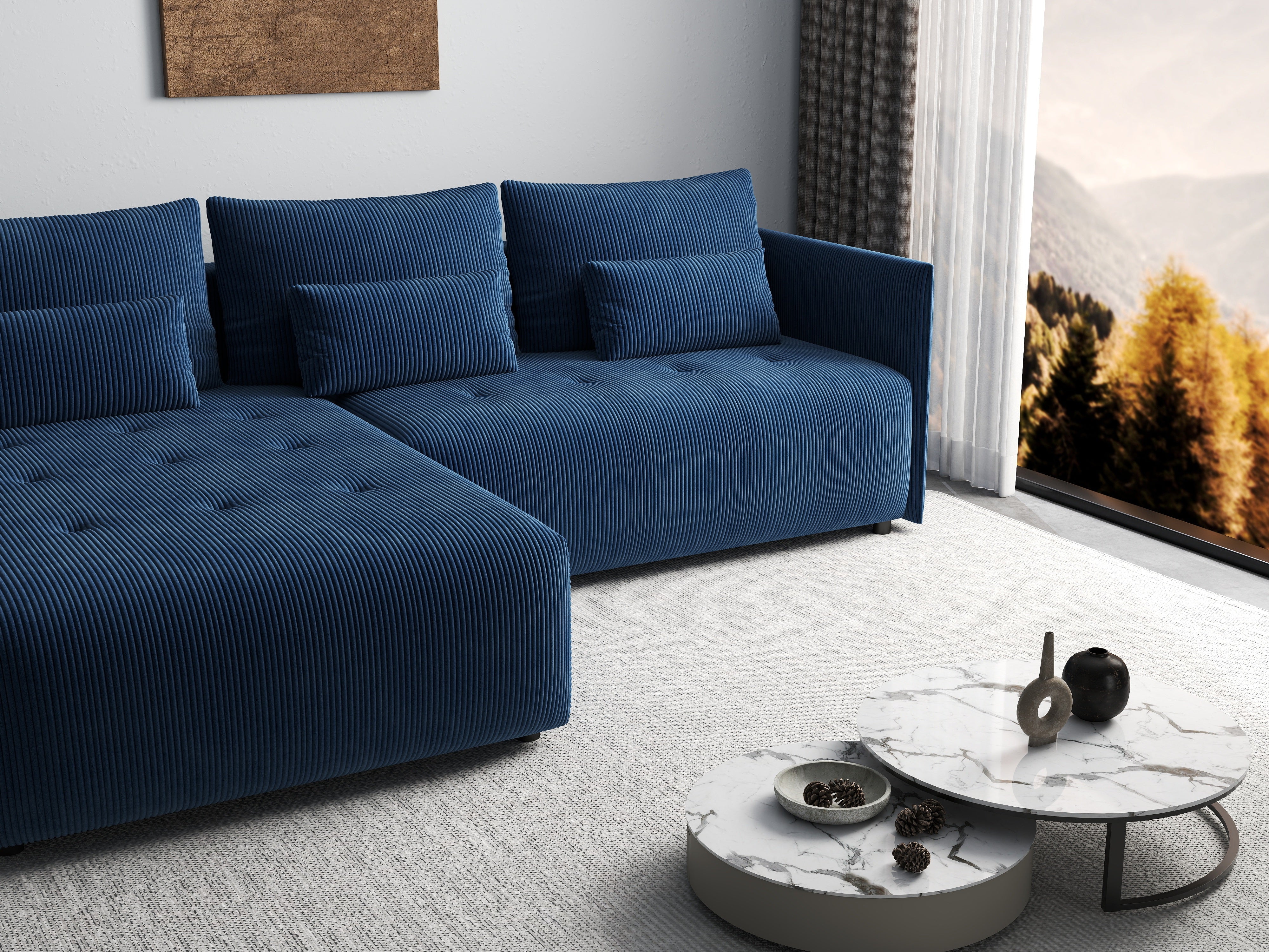 Colțar extensibil dumonde cu ladă de depozitare si sezut confortabil din spuma HR, Malta Zoom Blue II 235x185 cm Fabrica