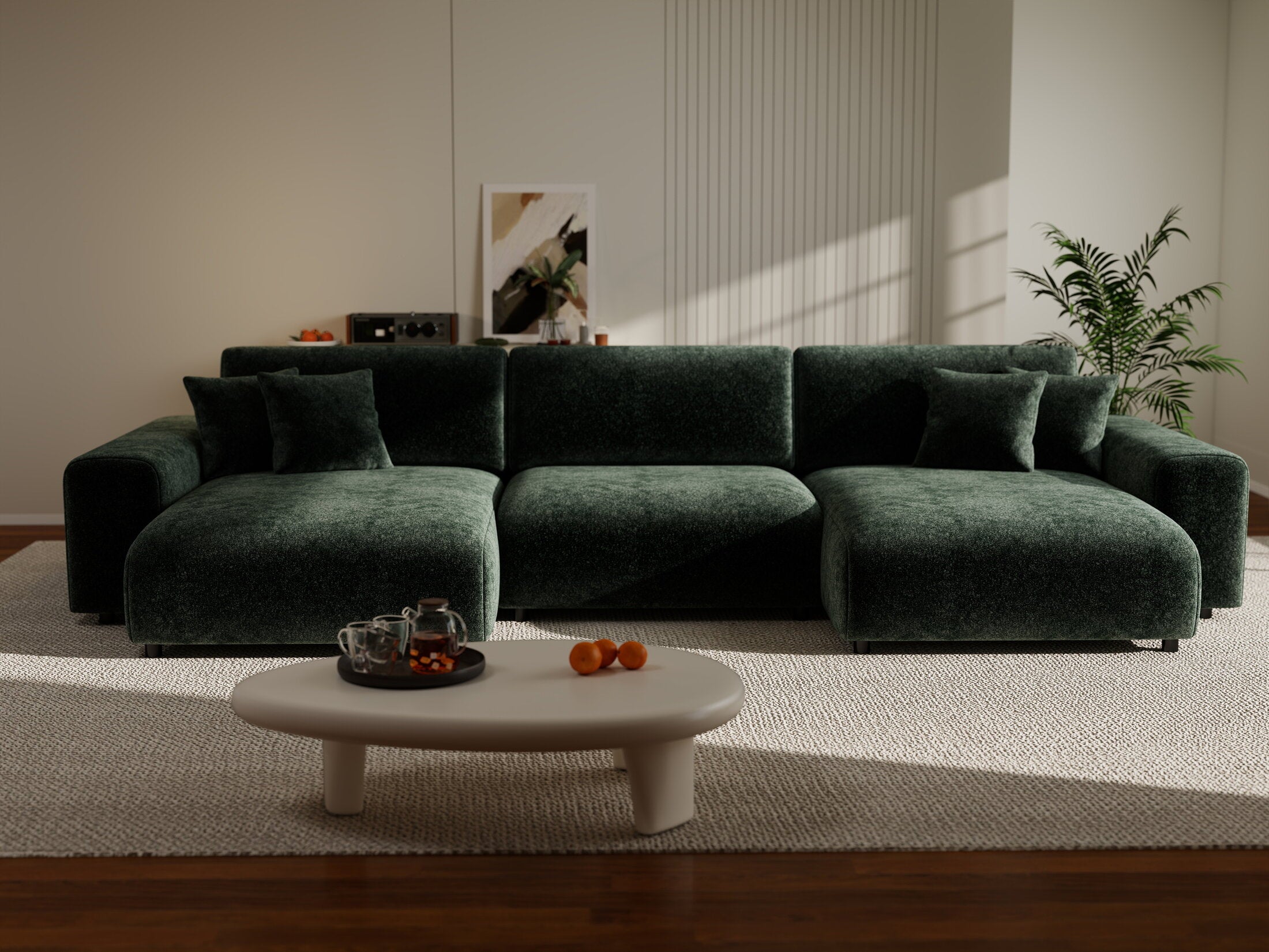 Colțar extensibil dumonde cu ladă de depozitare si sezut confortabil din spuma HR, Sarina U Euphoria Verde 350x168 cm