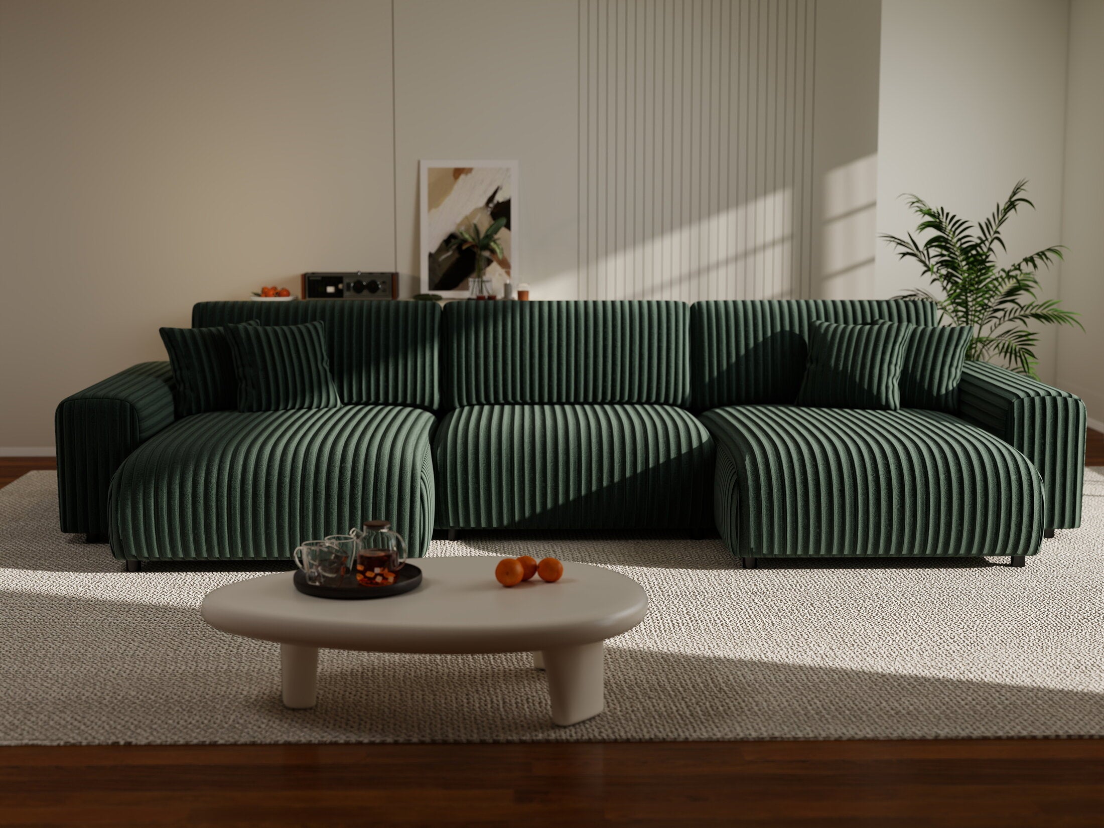 Colțar extensibil dumonde cu ladă de depozitare si sezut confortabil din spuma HR, Sarina U Ambience Verde 350x168 cm