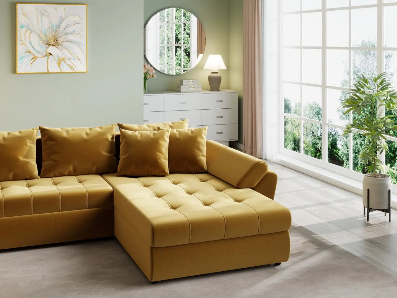 Colțar extensibil dumonde cu ladă de depozitare si sezut confortabil din spuma HR, Loana U Royal Mustar 355x185 cm Fabrica