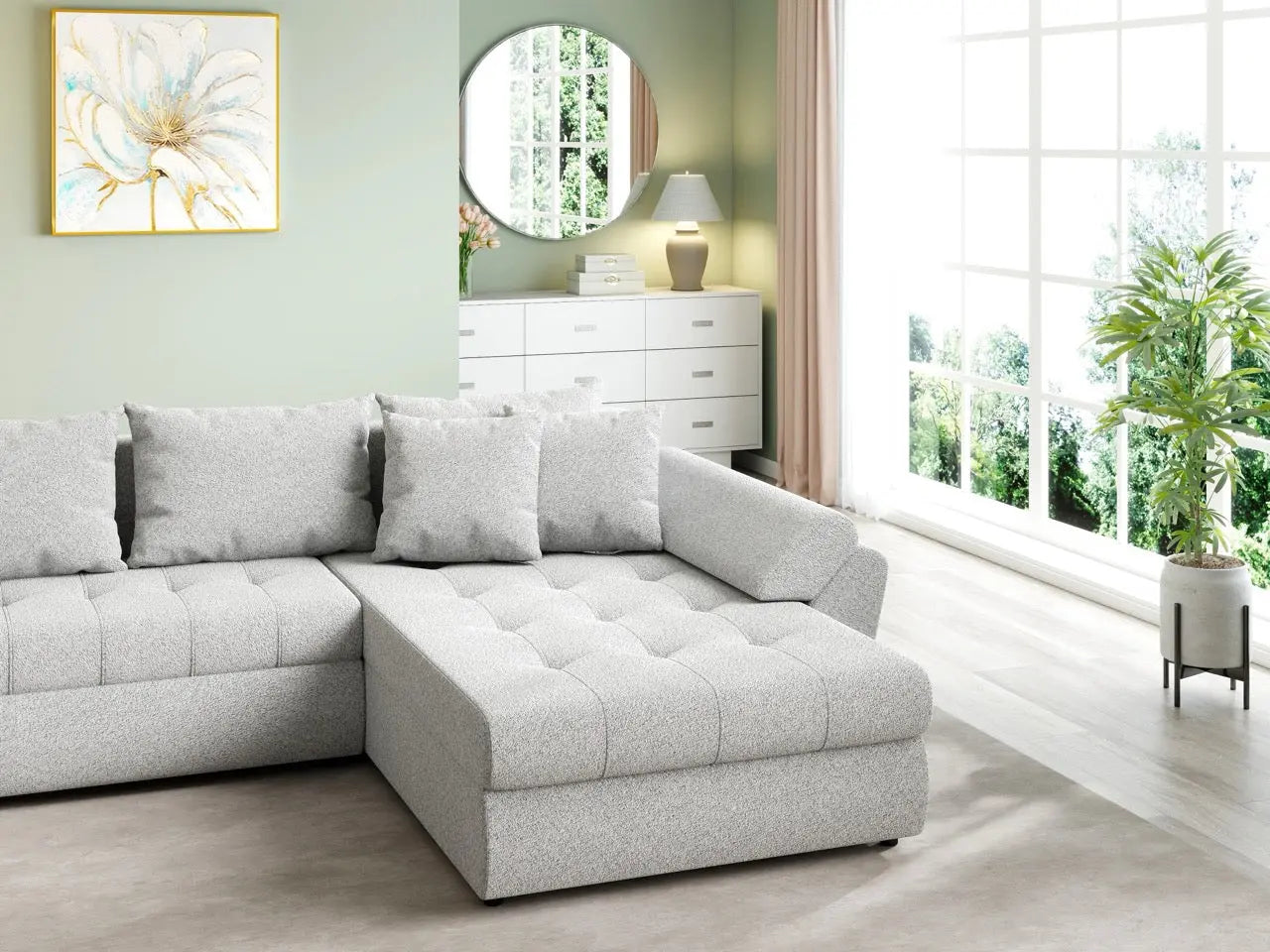 Colțar extensibil dumonde cu ladă de depozitare si sezut confortabil din spuma HR, Loana U Euphoria Dove 355x185 cm Fabrica