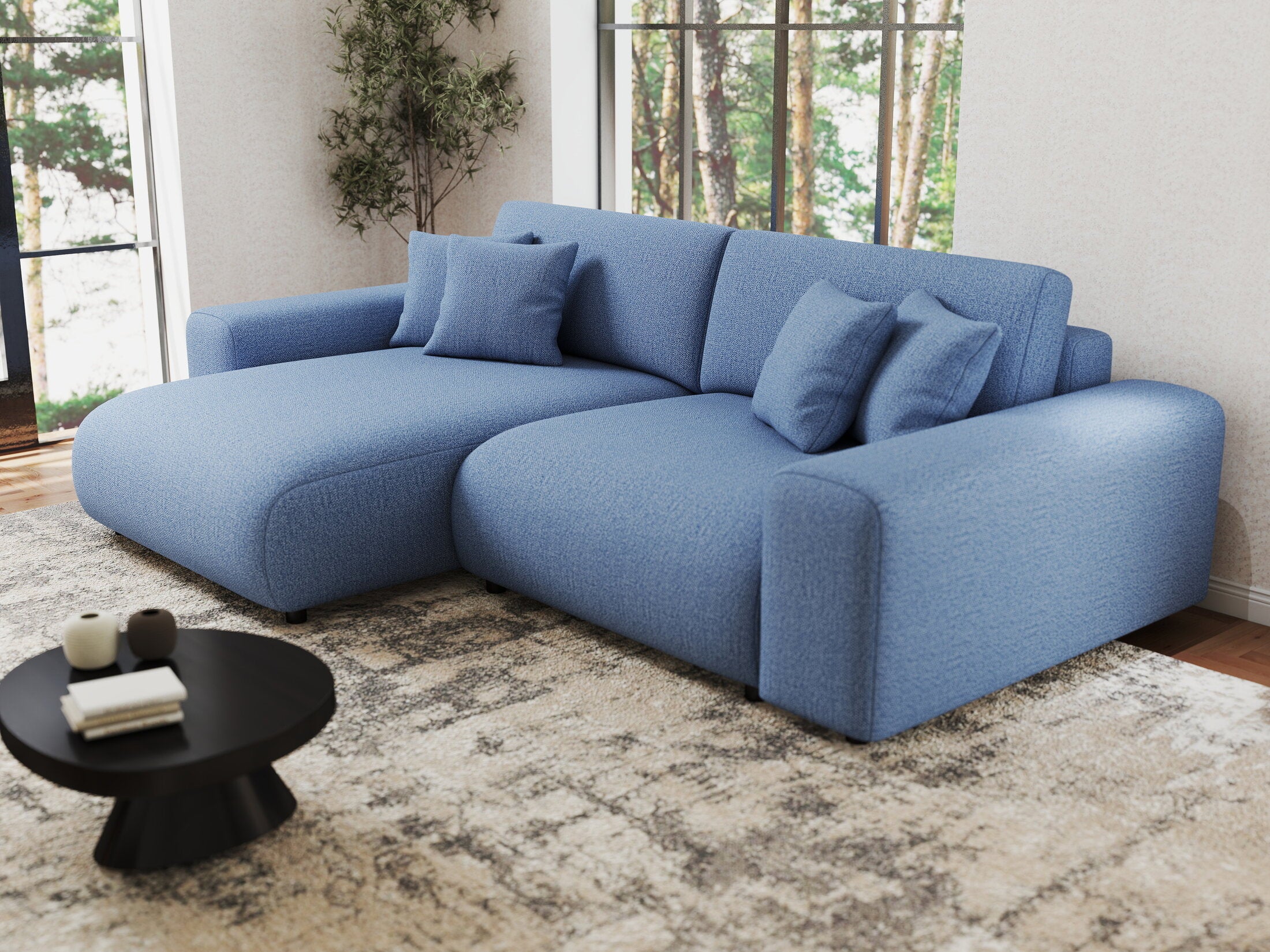 Colțar extensibil dumonde cu ladă de depozitare si sezut confortabil din spuma HR, Sarina Enjoy Albastru 255x168 cm