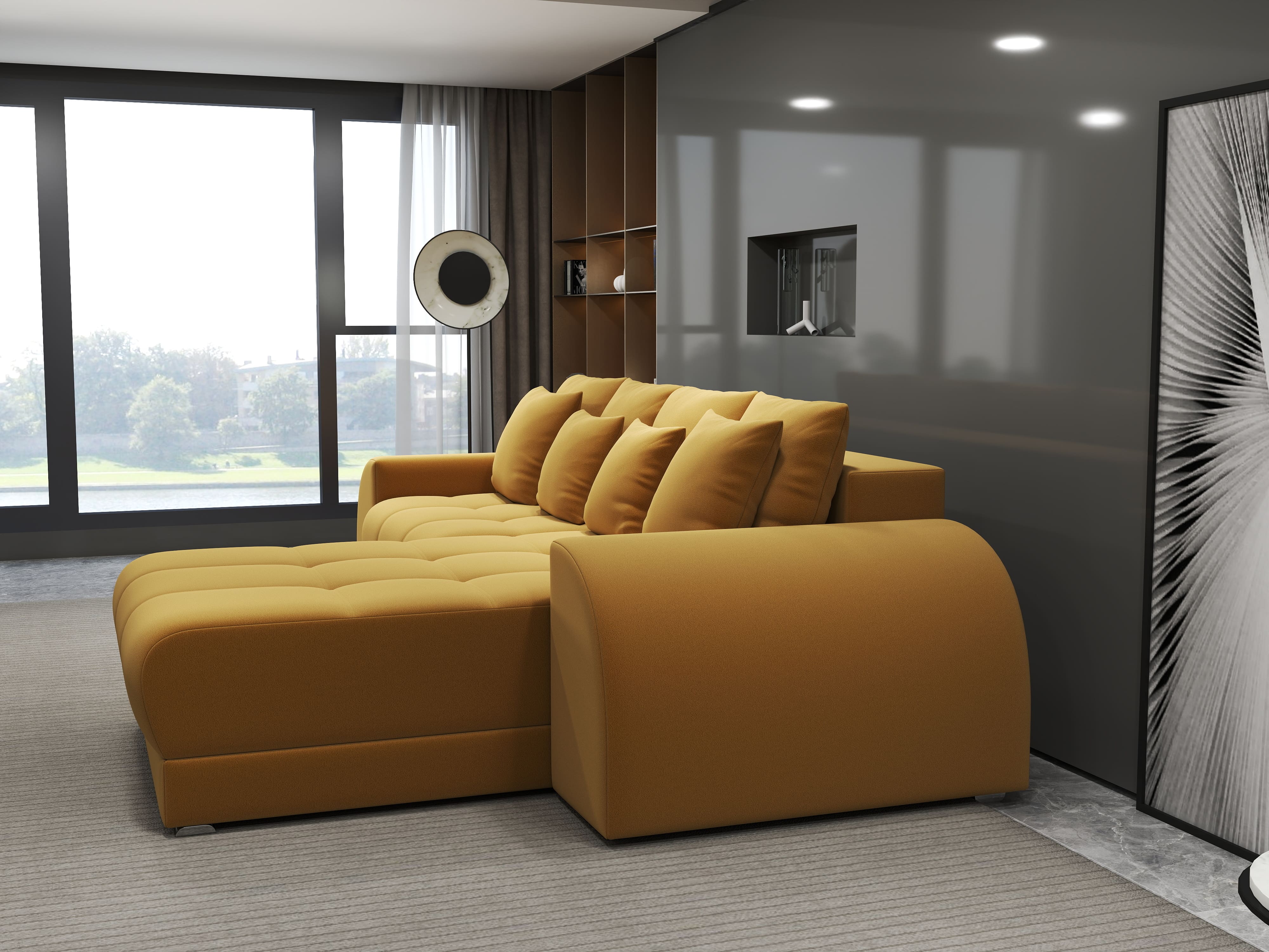 Colțar extensibil dumonde cu ladă de depozitare si sezut confortabil din spuma HR, Verona Royal Mustar II 290x185 cm Fabrica