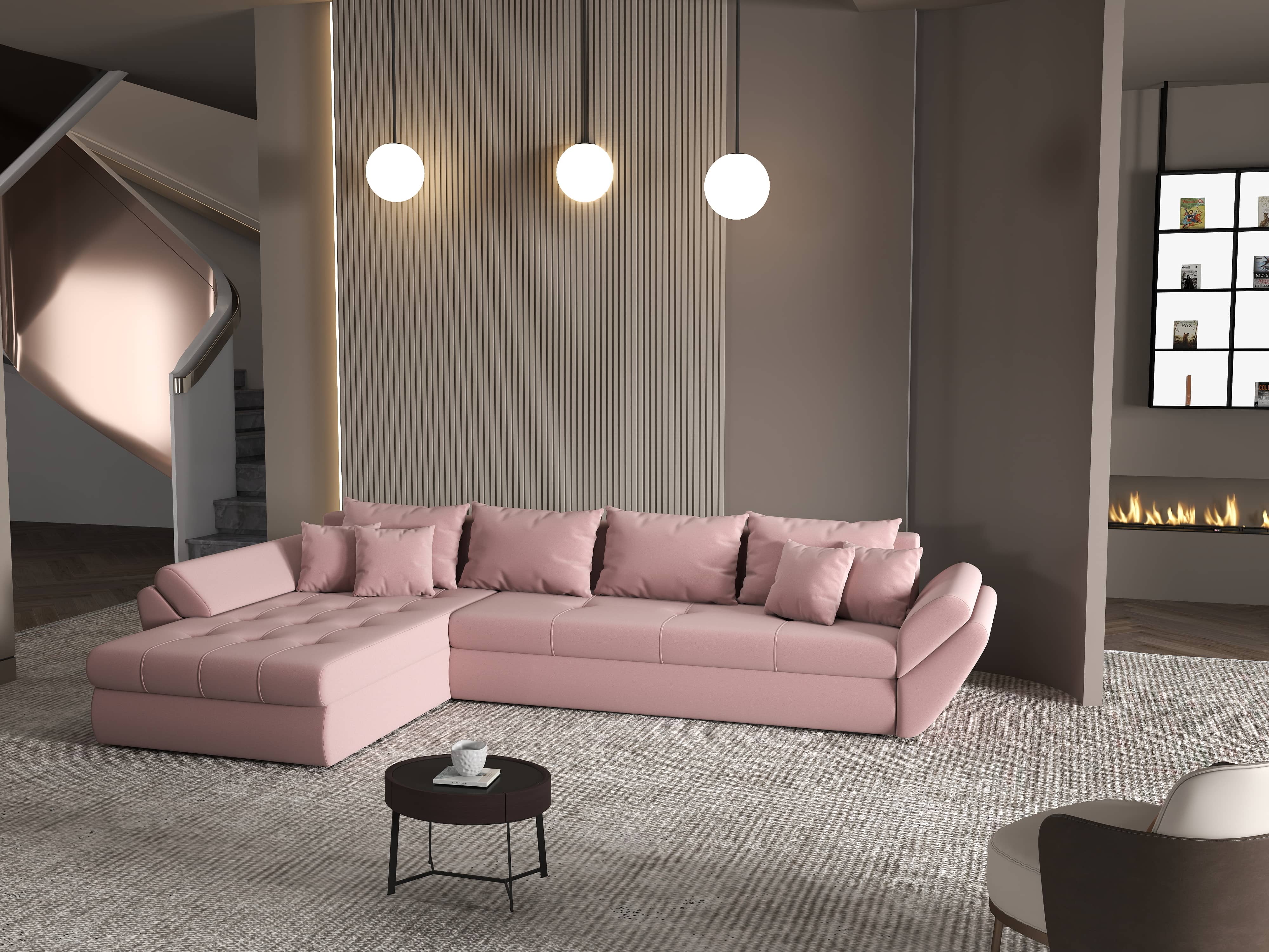 Colțar extensibil dumonde cu ladă de depozitare si sezut confortabil din spuma HR, Loana XL Royal Roz 335x185 cm Fabrica