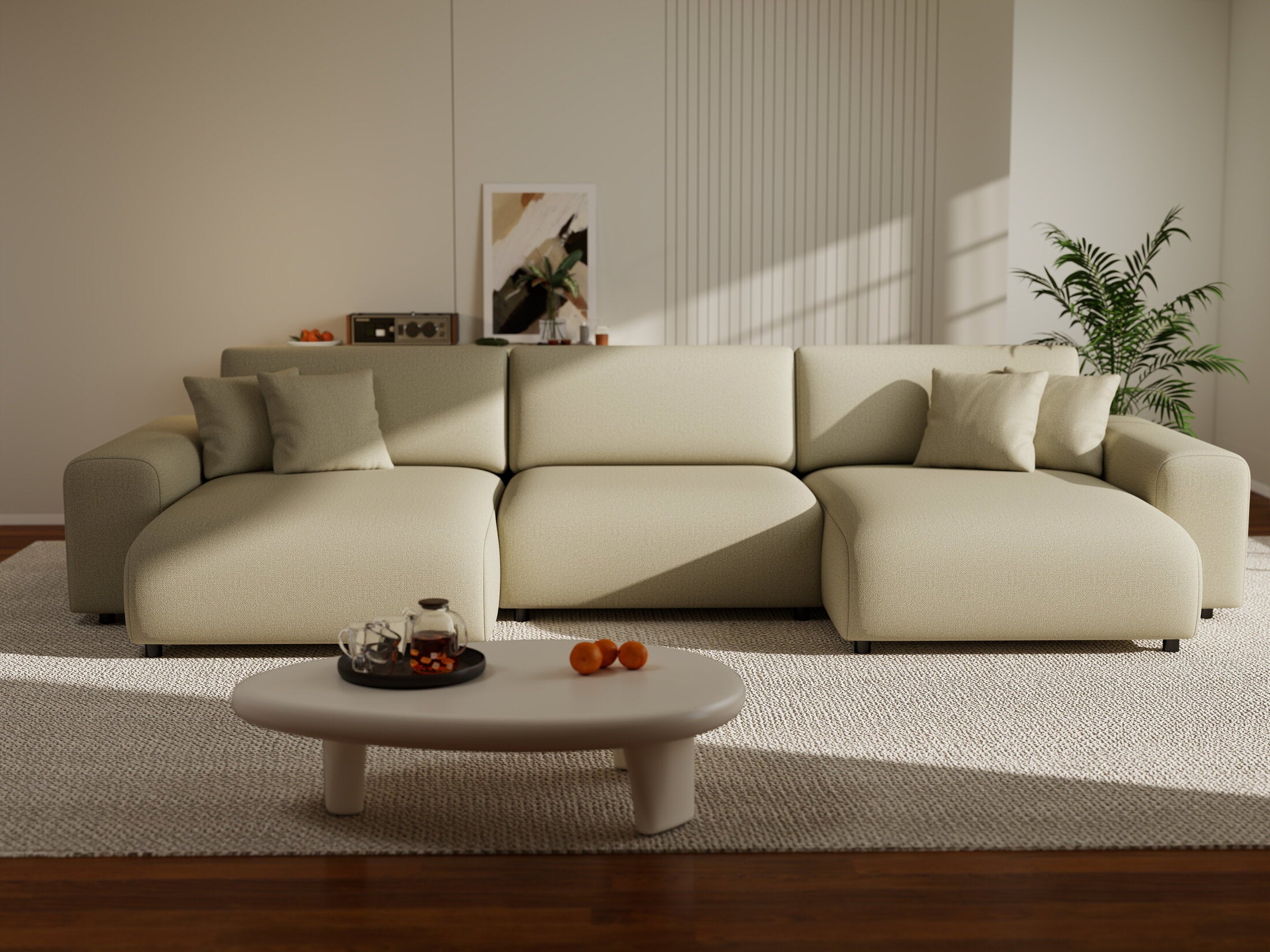 Colțar extensibil dumonde cu ladă de depozitare si sezut confortabil din spuma HR, Sarina U Enjoy Bej 350x168 cm