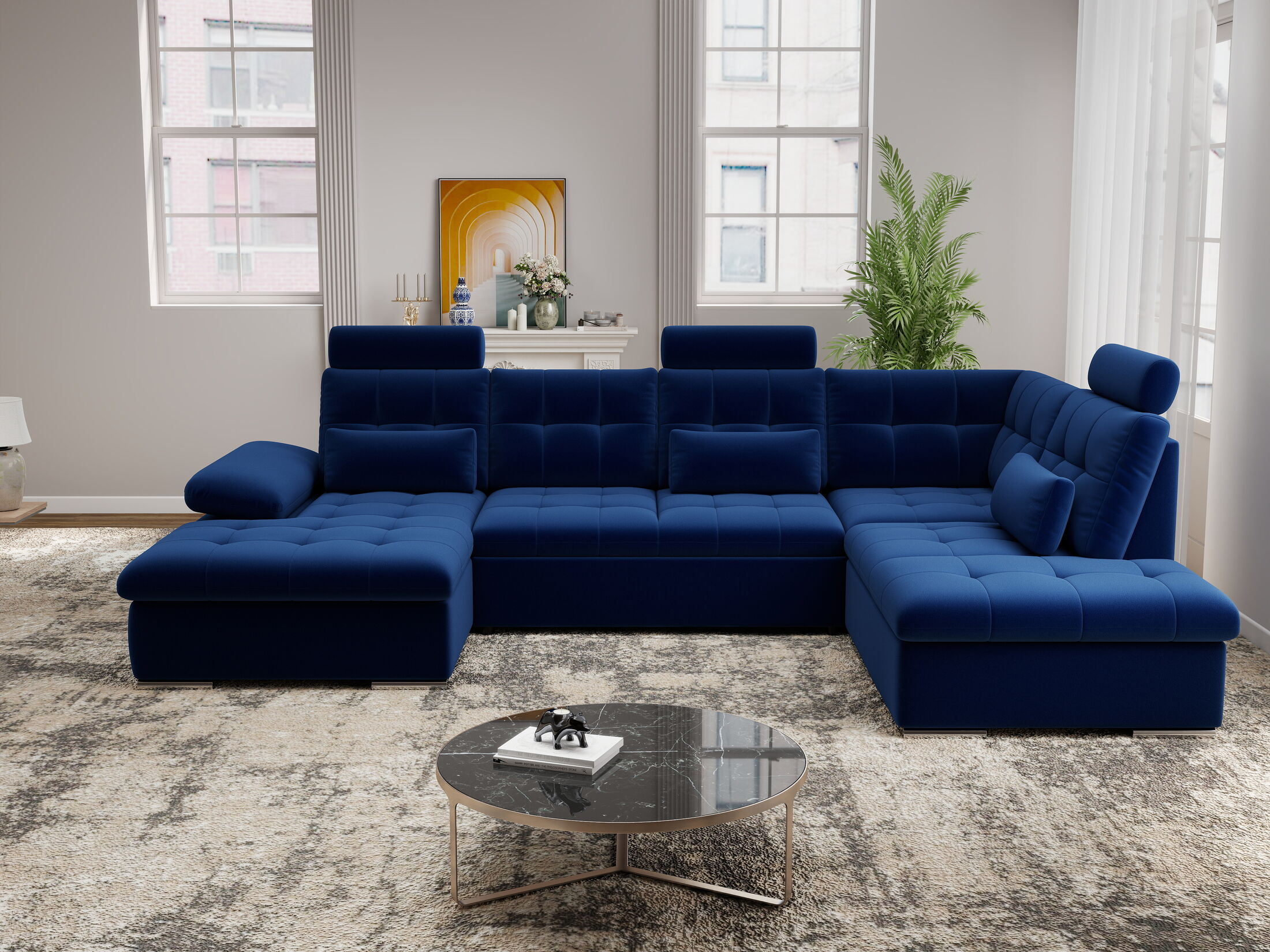 Colțar extensibil dumonde cu ladă de depozitare și șezut confortabil din spumă HR, Merkur U Royal Albastru Navy 324x218 cm