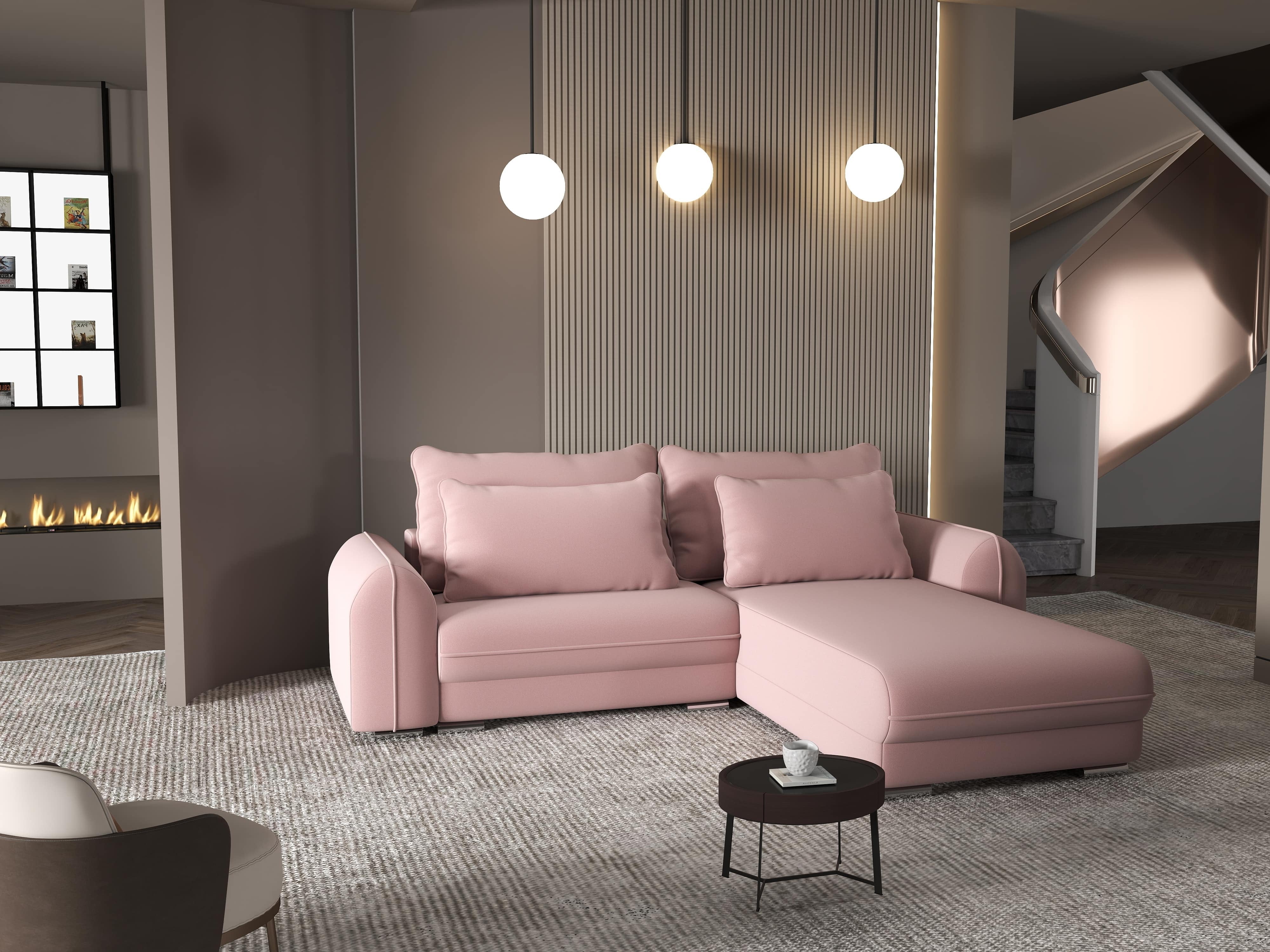 Colțar extensibil dumonde cu ladă de depozitare si sezut confortabil din spuma HR, Denver Royal Roz 275x185 cm II Fabrica