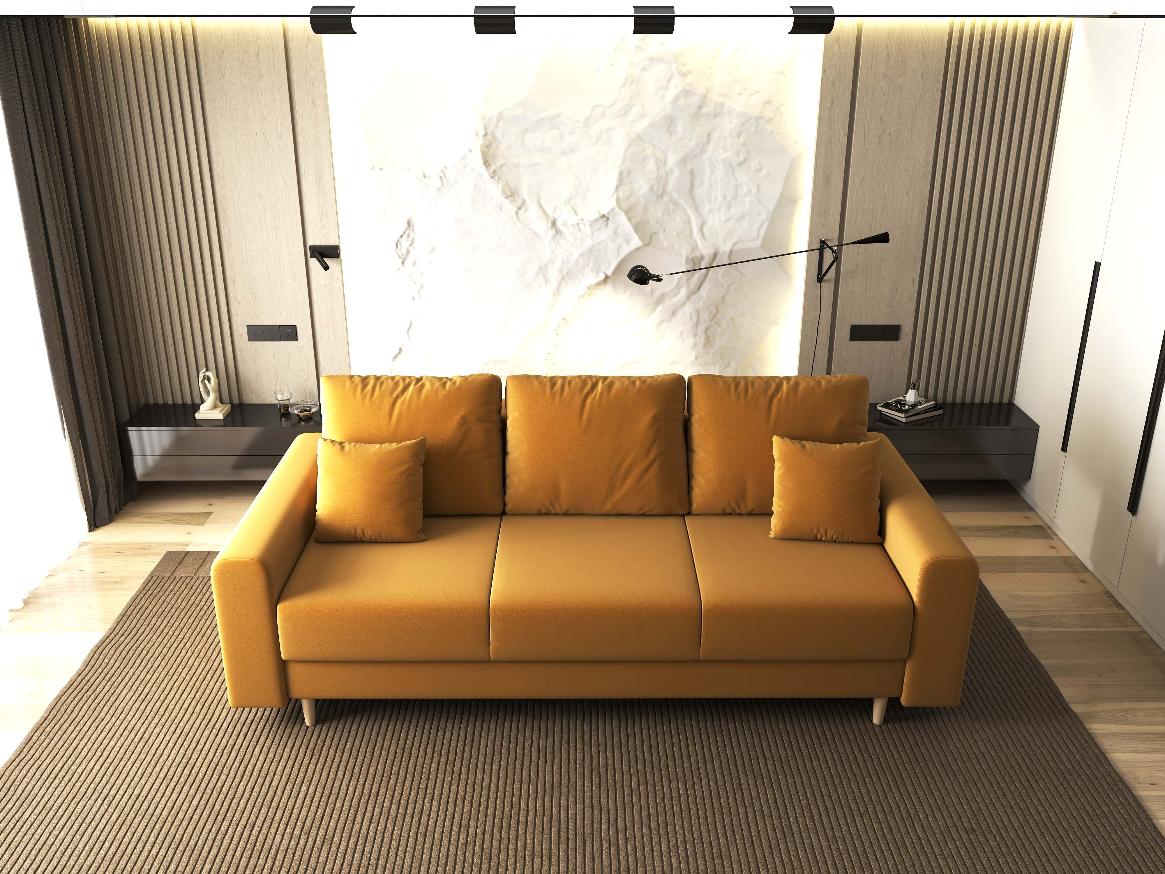 Canapea extensibilă dumonde cu ladă de depozitare si sezut confortabil din spuma HR, Kronos Royal Mustar 210x100 cm fabrica