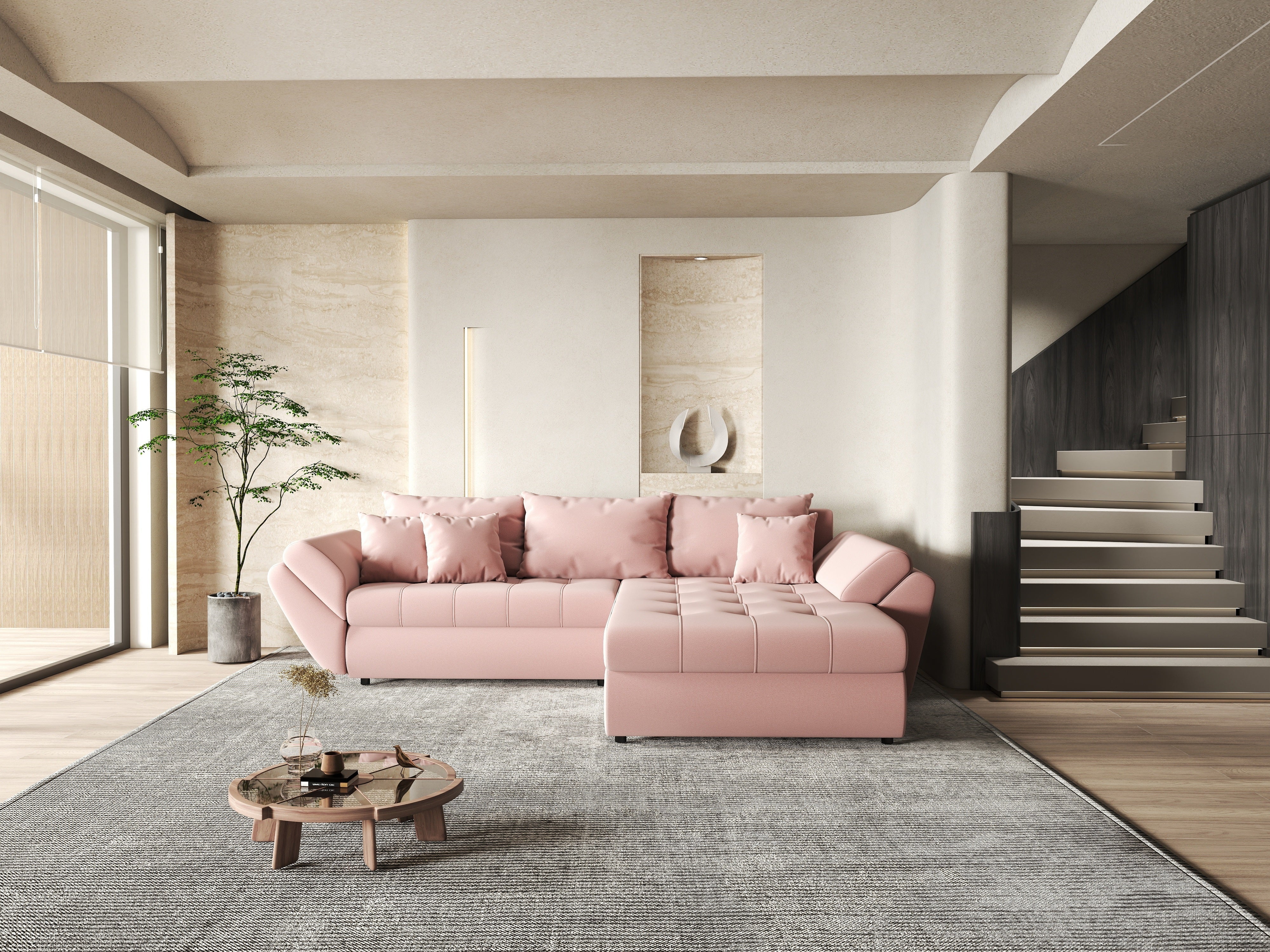 Colțar extensibil dumonde cu ladă de depozitare si sezut confortabil din spuma HR, Loana Royal Pink II 270x185 cm Fabrica
