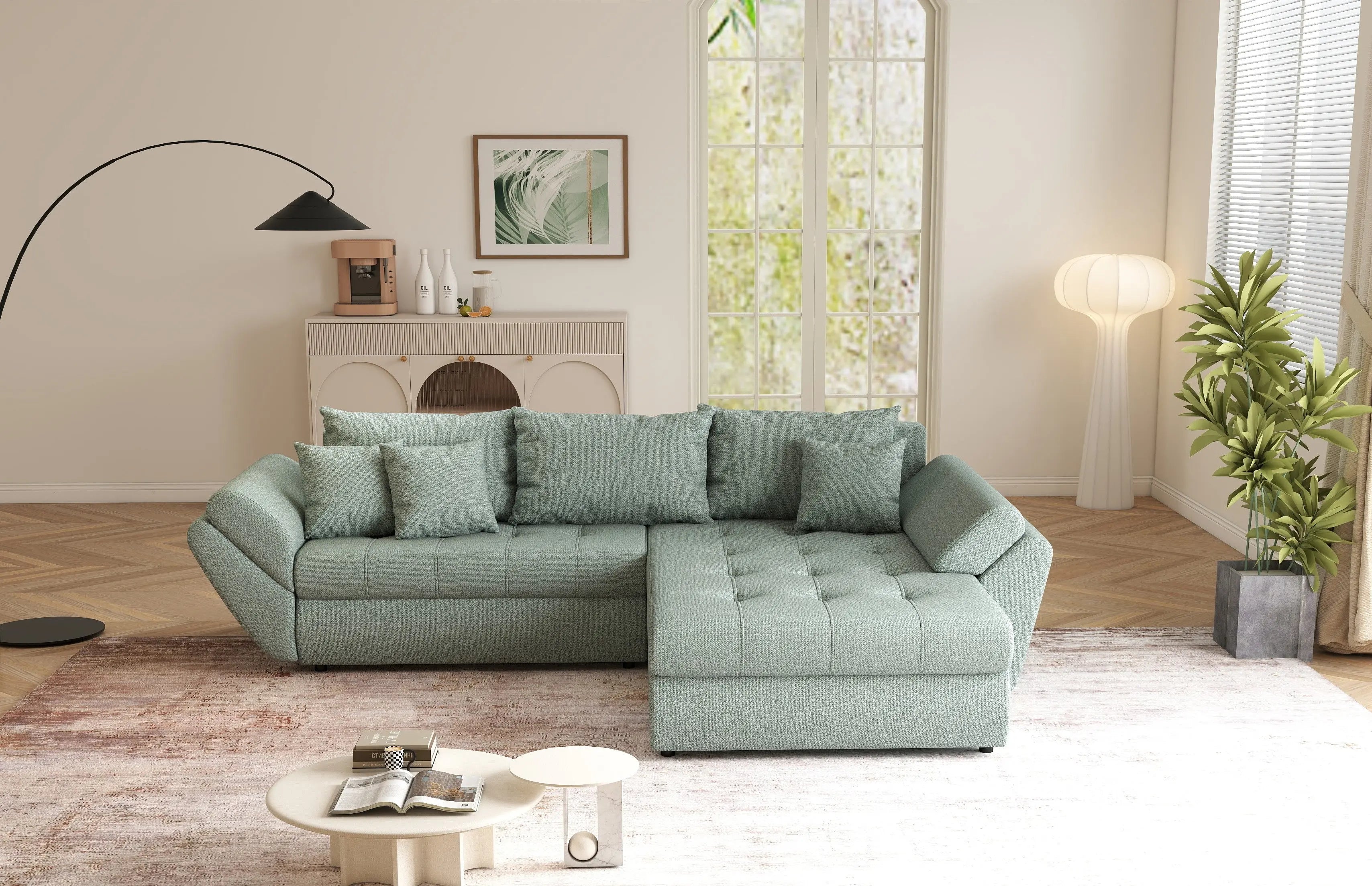 Colțar extensibil dumonde cu ladă de depozitare si sezut confortabil din spuma HR, Loana Mint II 270x185 cm Fabrica