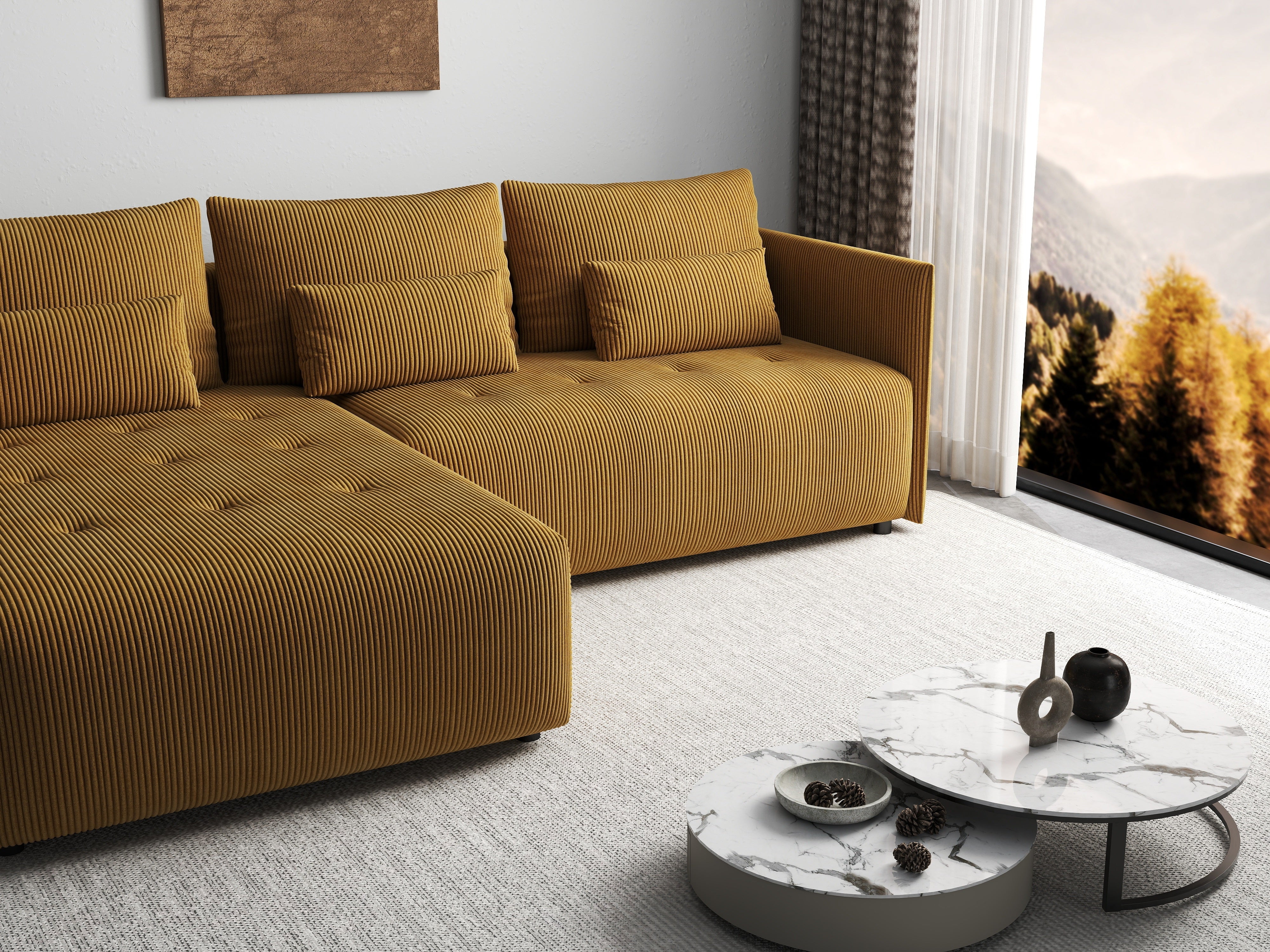 Colțar extensibil dumonde cu ladă de depozitare si sezut confortabil din spuma HR, Malta Zoom Mustar II 235x185 cm Fabrica