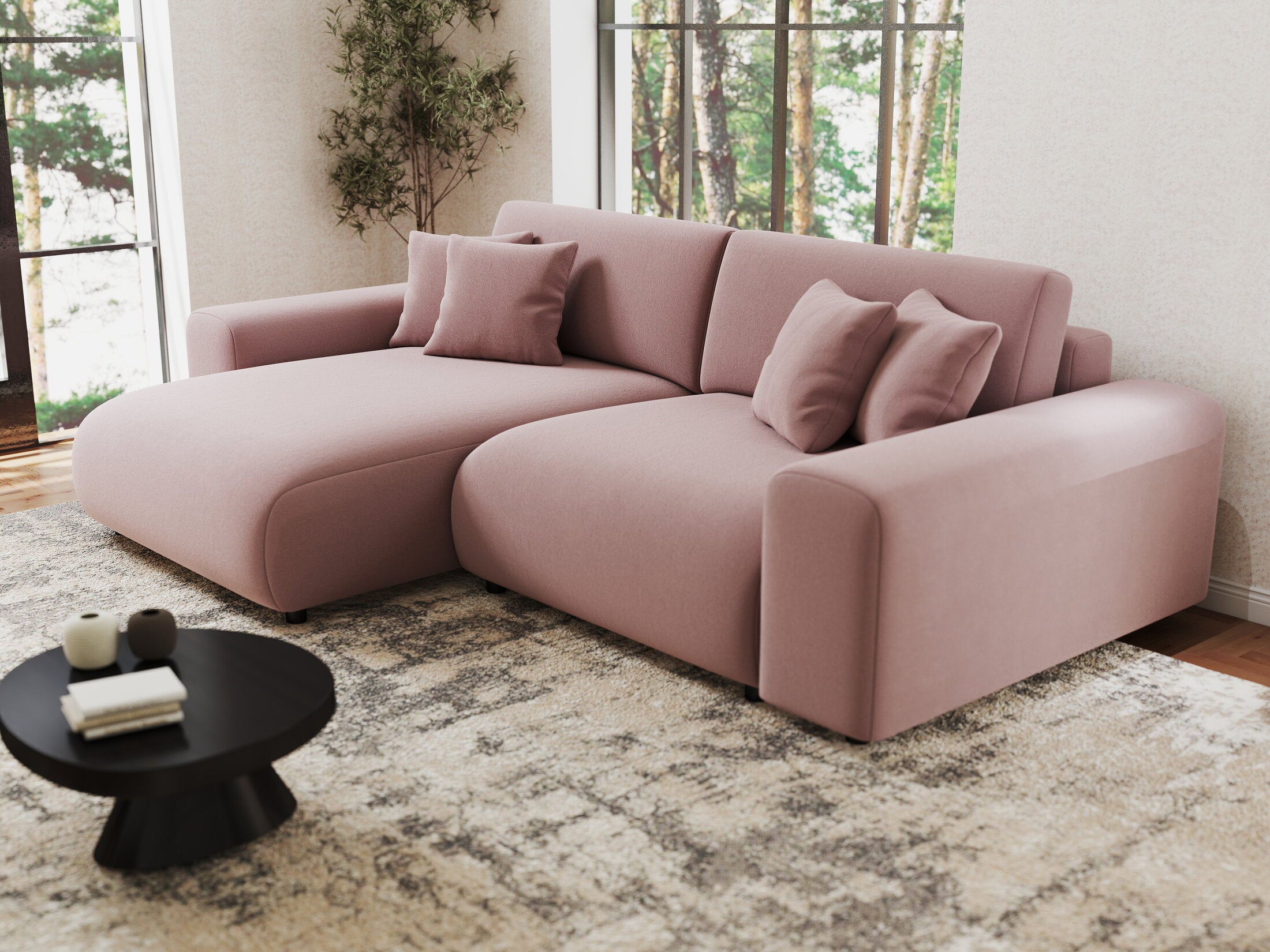 Colțar extensibil dumonde cu ladă de depozitare si sezut confortabil din spuma HR, Sarina Royal Roz 255x168 cm