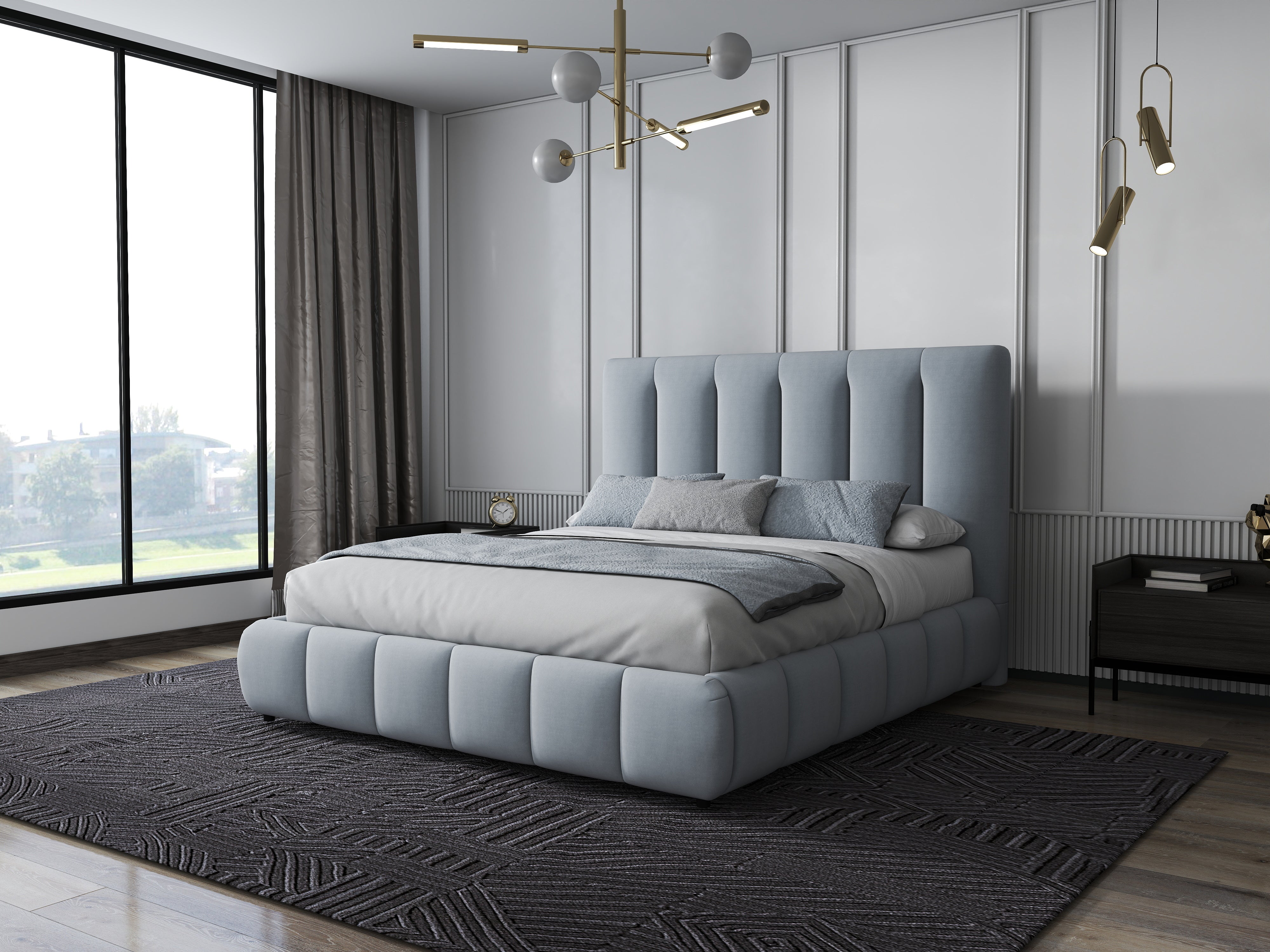 Pat dormitor dumonde, tapitat gri, Divaneo 160x200 cm, somiera rabatabila inclusa, spatiu depozitare WLS