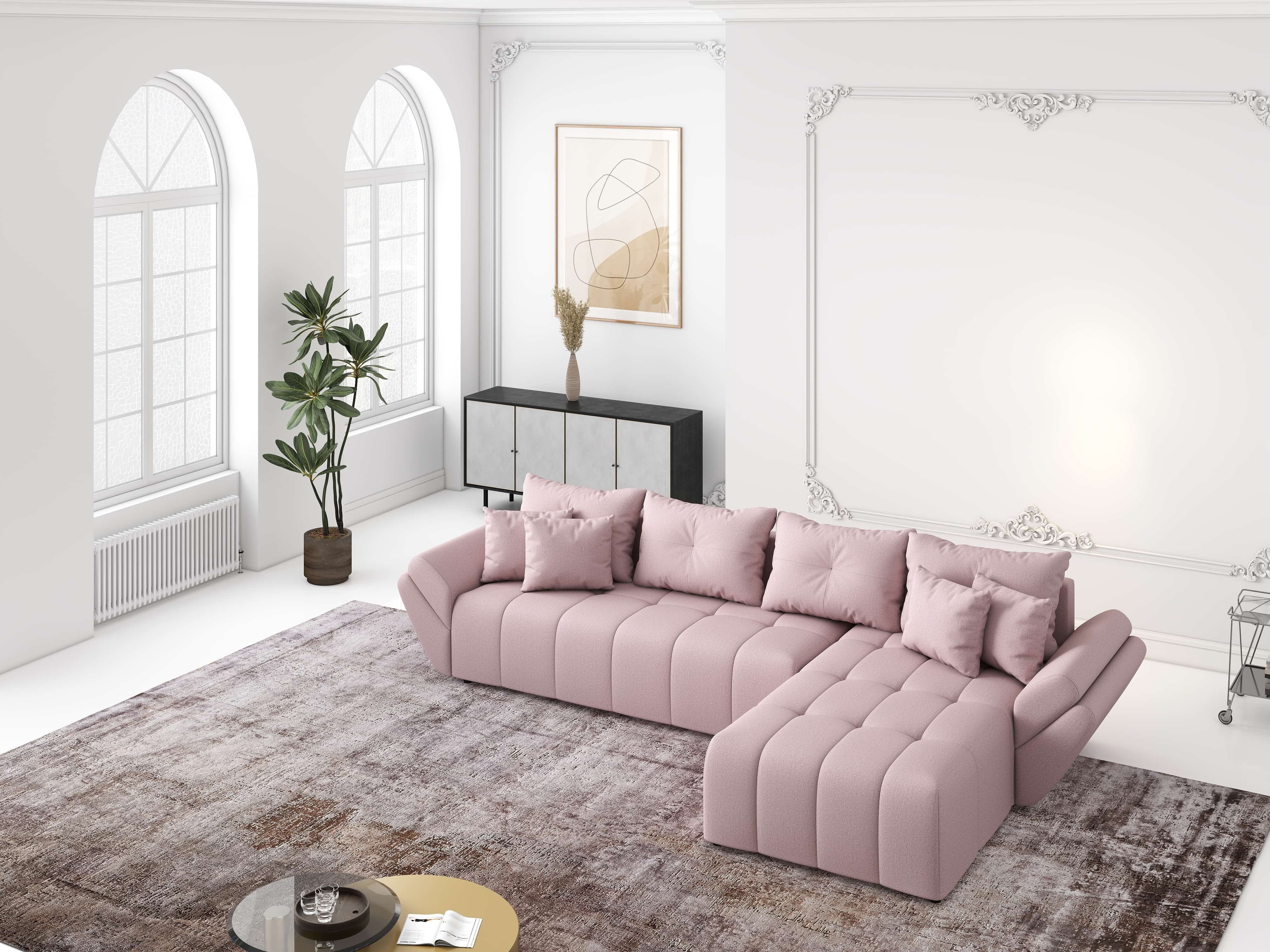 Colțar extensibil dumonde cu ladă de depozitare si sezut confortabil din spuma HR, Berlin XL Enjoy Flamingo 350x185 cm II Fabrica