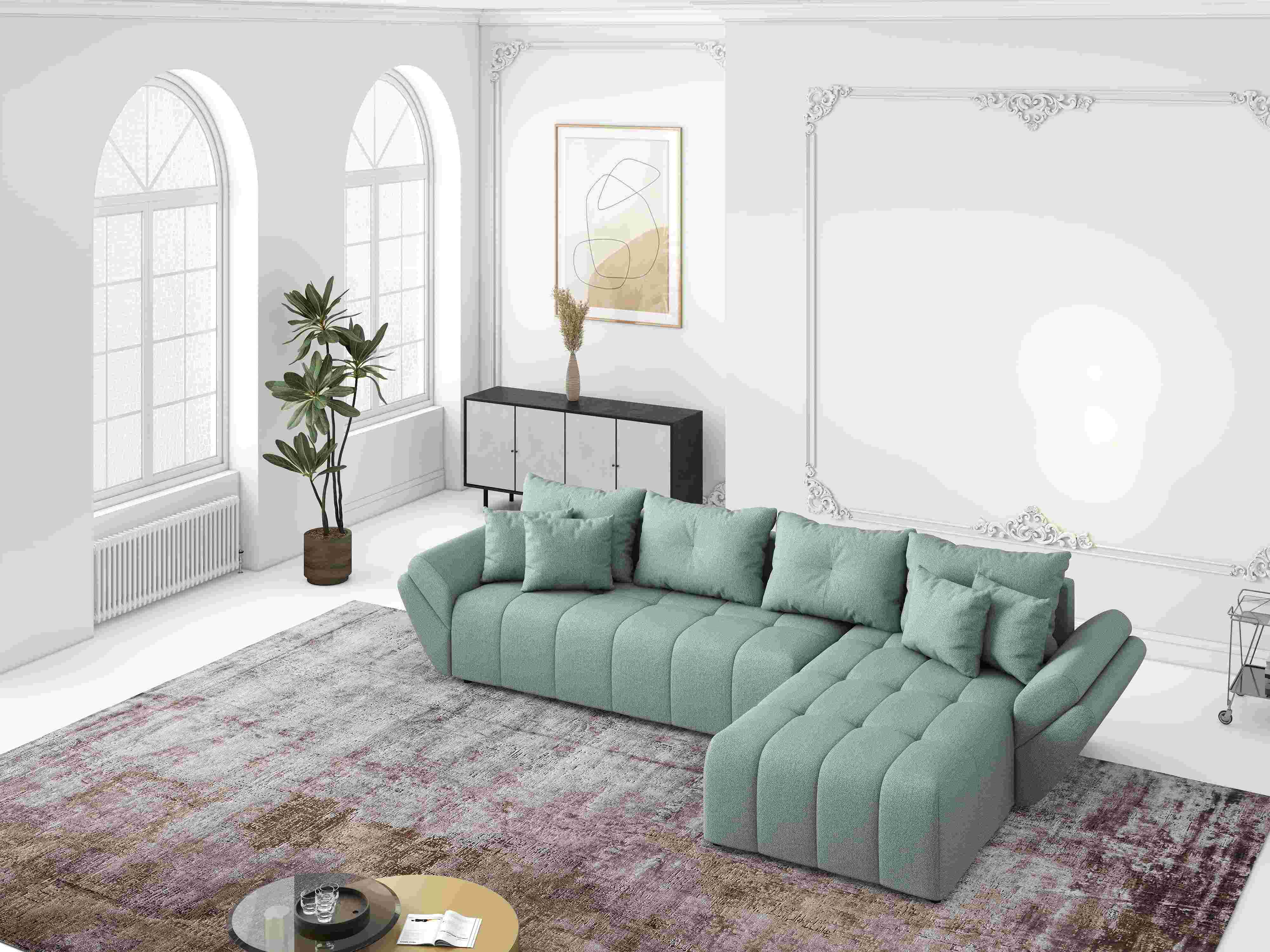 Colțar extensibil dumonde cu ladă de depozitare si sezut confortabil din spuma HR, Berlin XL Enjoy Mint 350x185 cm II Fabrica