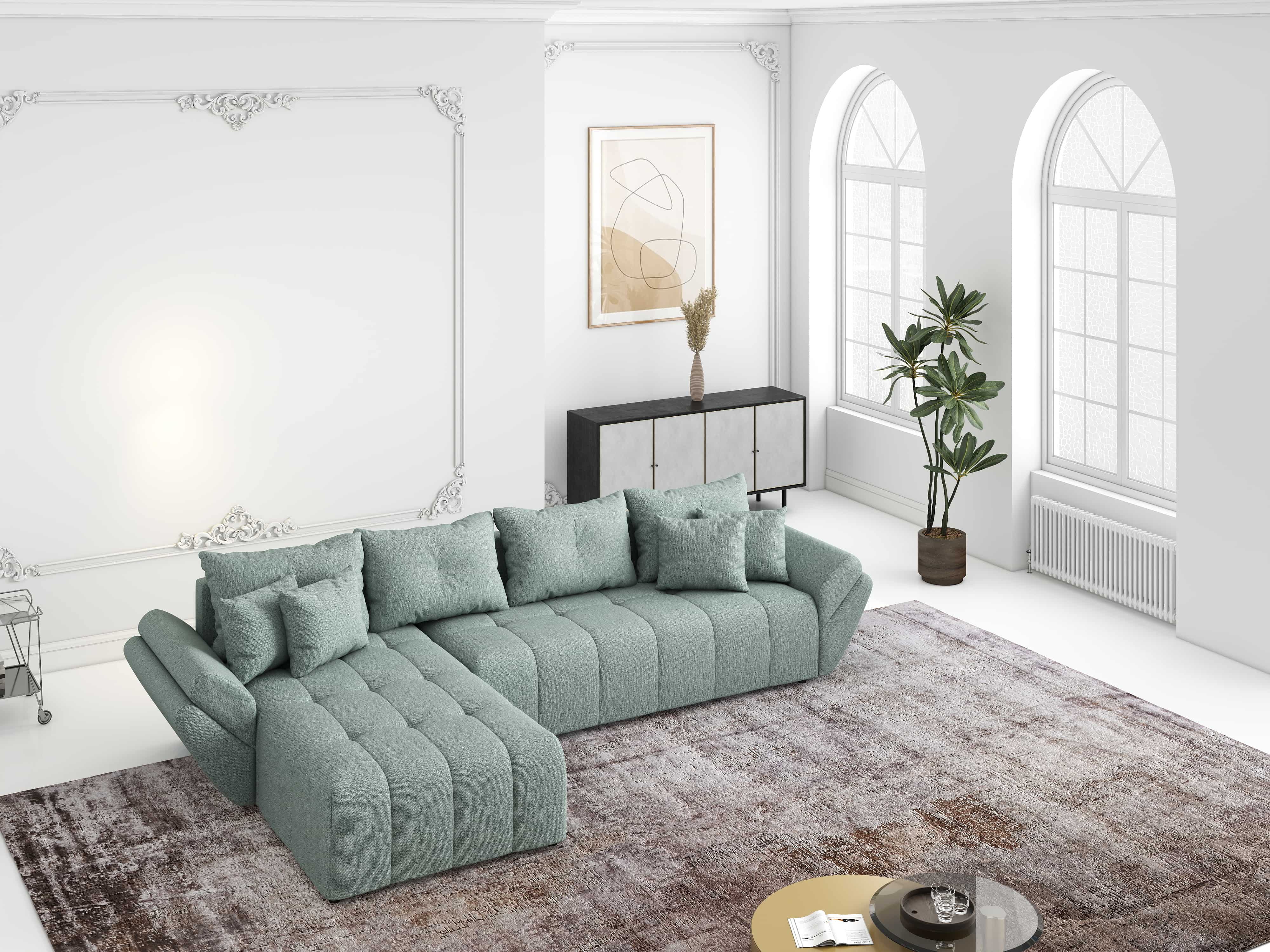 Colțar extensibil dumonde cu ladă de depozitare si sezut confortabil din spuma HR, Berlin XL Enjoy Mint 350x185 cm Fabrica