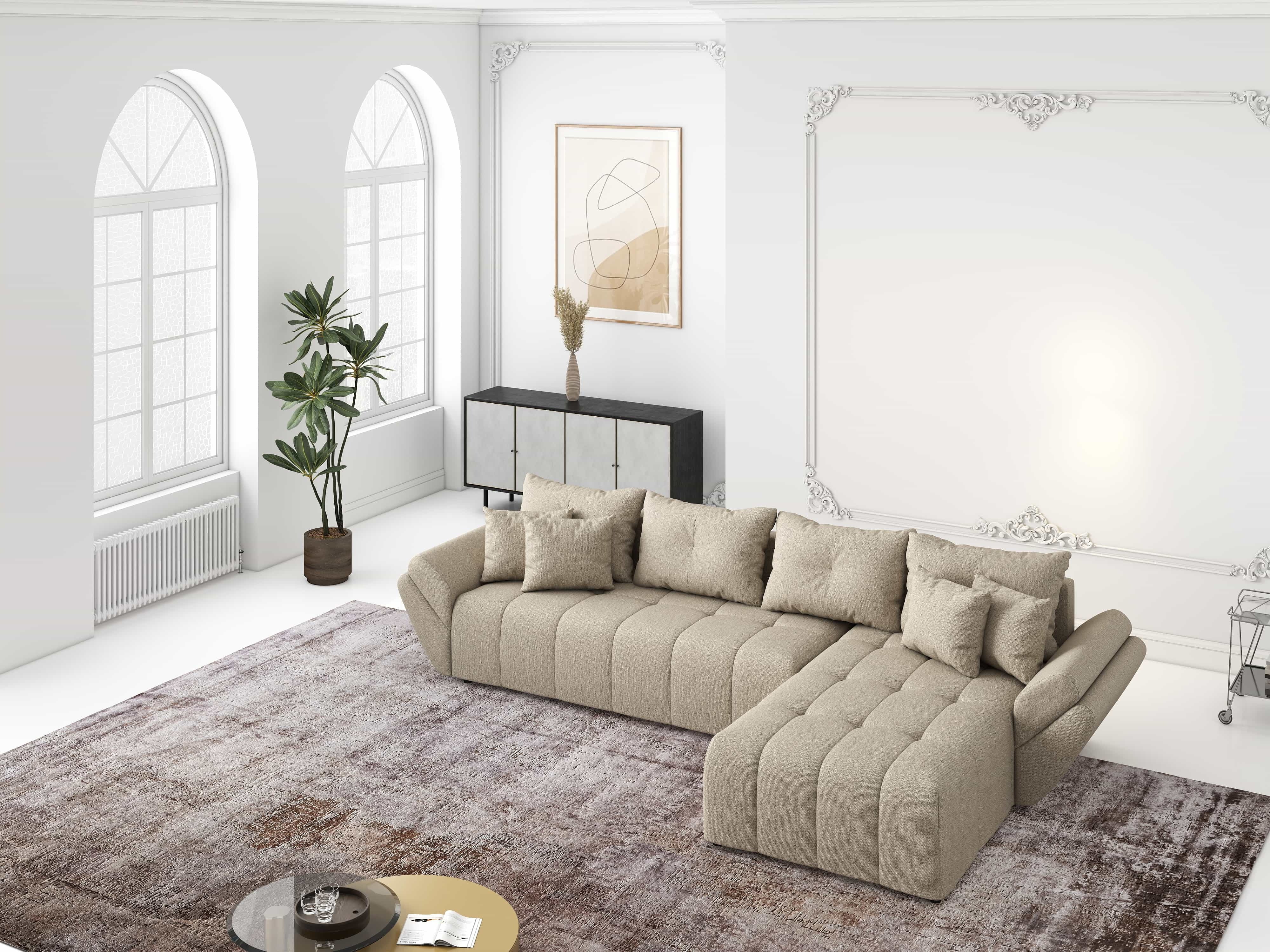 Colțar extensibil dumonde cu ladă de depozitare si sezut confortabil din spuma HR, Berlin XL Enjoy Camel 350x185 cm II Fabrica