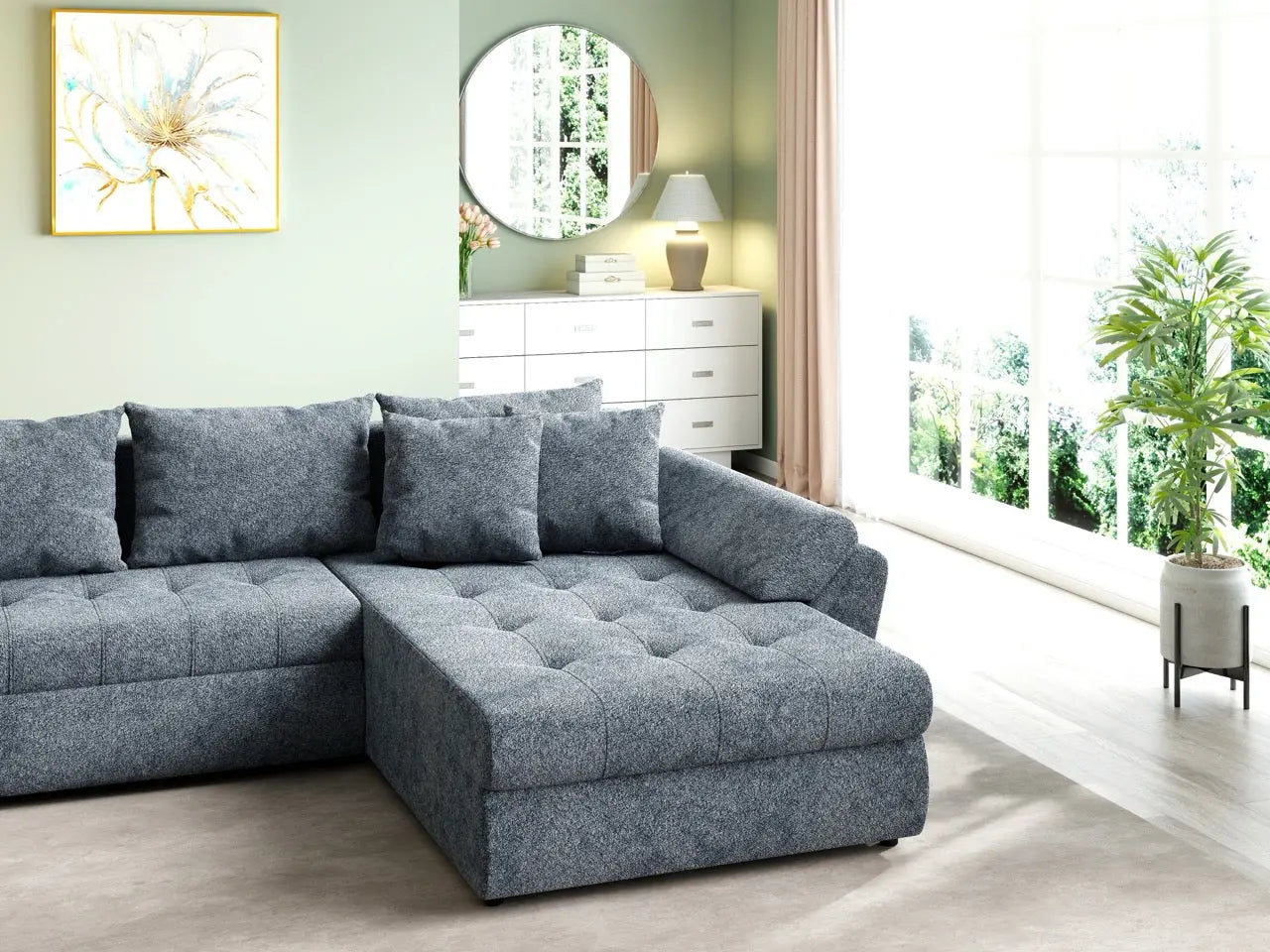 Colțar extensibil dumonde cu ladă de depozitare si sezut confortabil din spuma HR, Loana U Euphoria Grafit 355x185 cm Fabrica