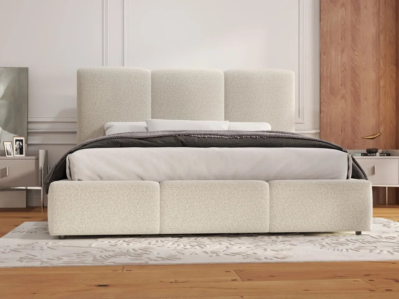 Pat dormitor dumonde, tapitat bej, Dinasty 140x200 cm, somiera rabatabila inclusa, spatiu depozitare WLS
