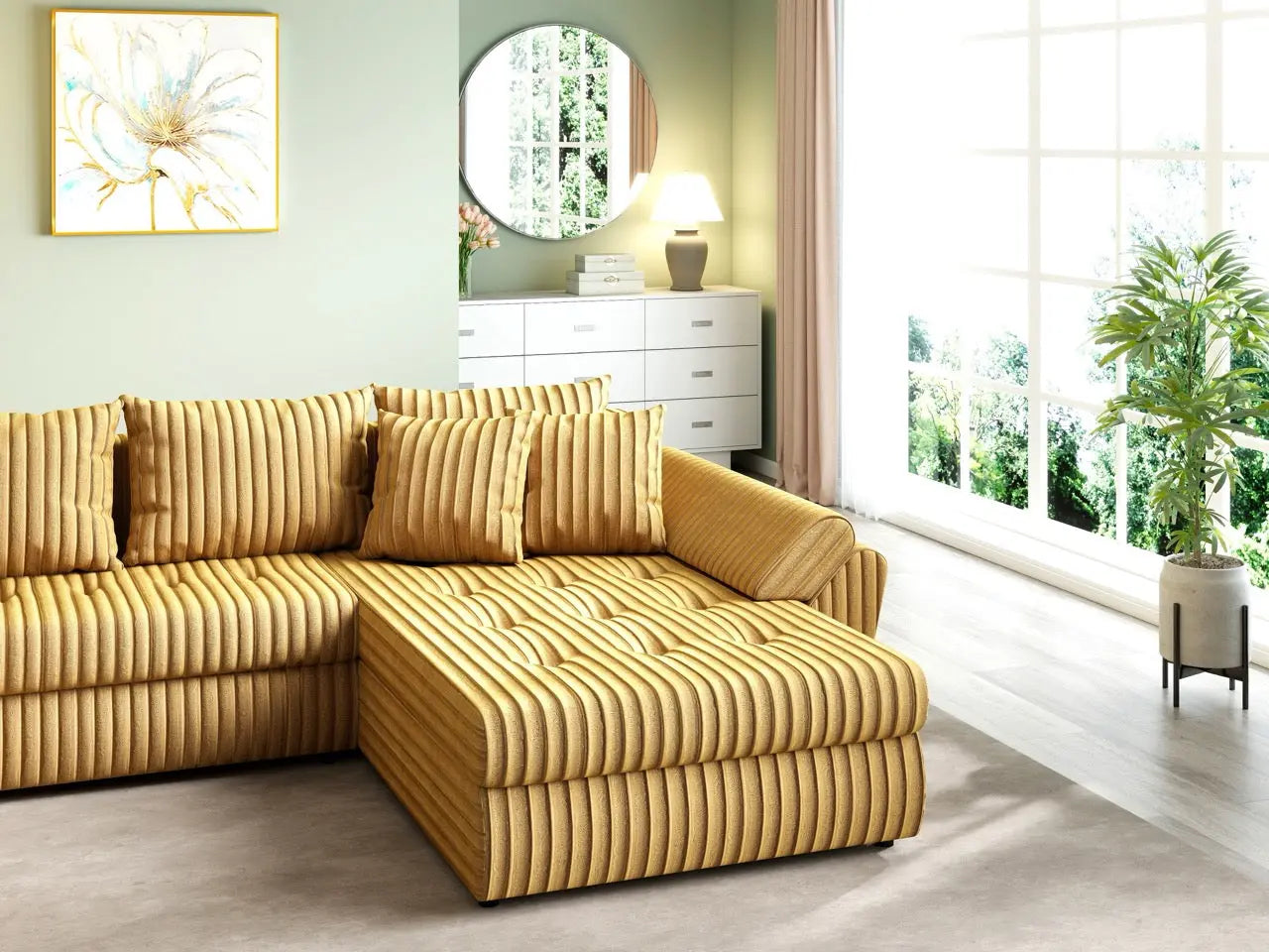 Colțar extensibil dumonde cu ladă de depozitare si sezut confortabil din spuma HR, Loana U Ambience Mustar 355x185 cm Fabrica