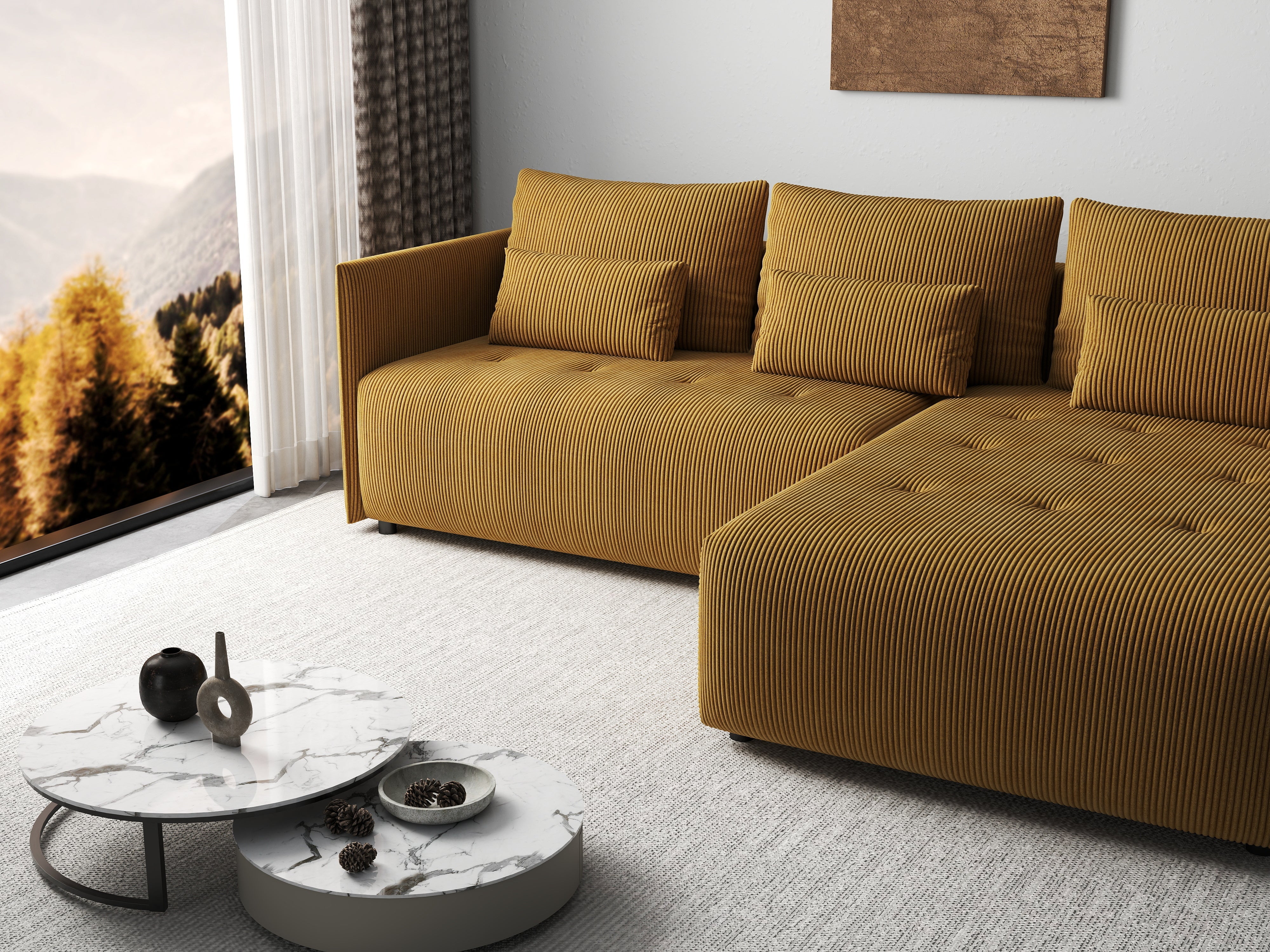 Colțar extensibil dumonde cu ladă de depozitare si sezut confortabil din spuma HR, Malta Zoom Mustar 235x185 cm Fabrica