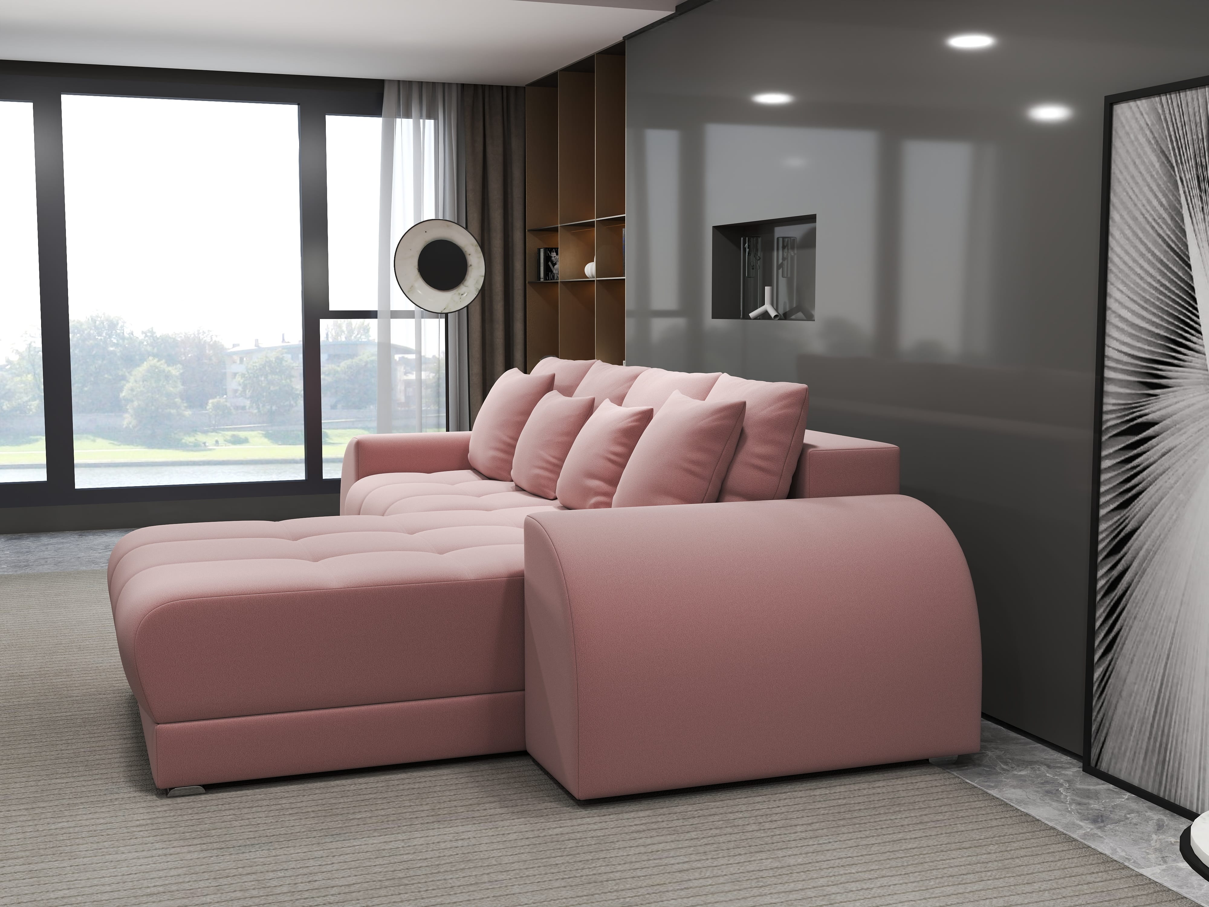 Colțar extensibil dumonde cu ladă de depozitare si sezut confortabil din spuma HR, Verona Royal Roz II 290x185 cm Fabrica