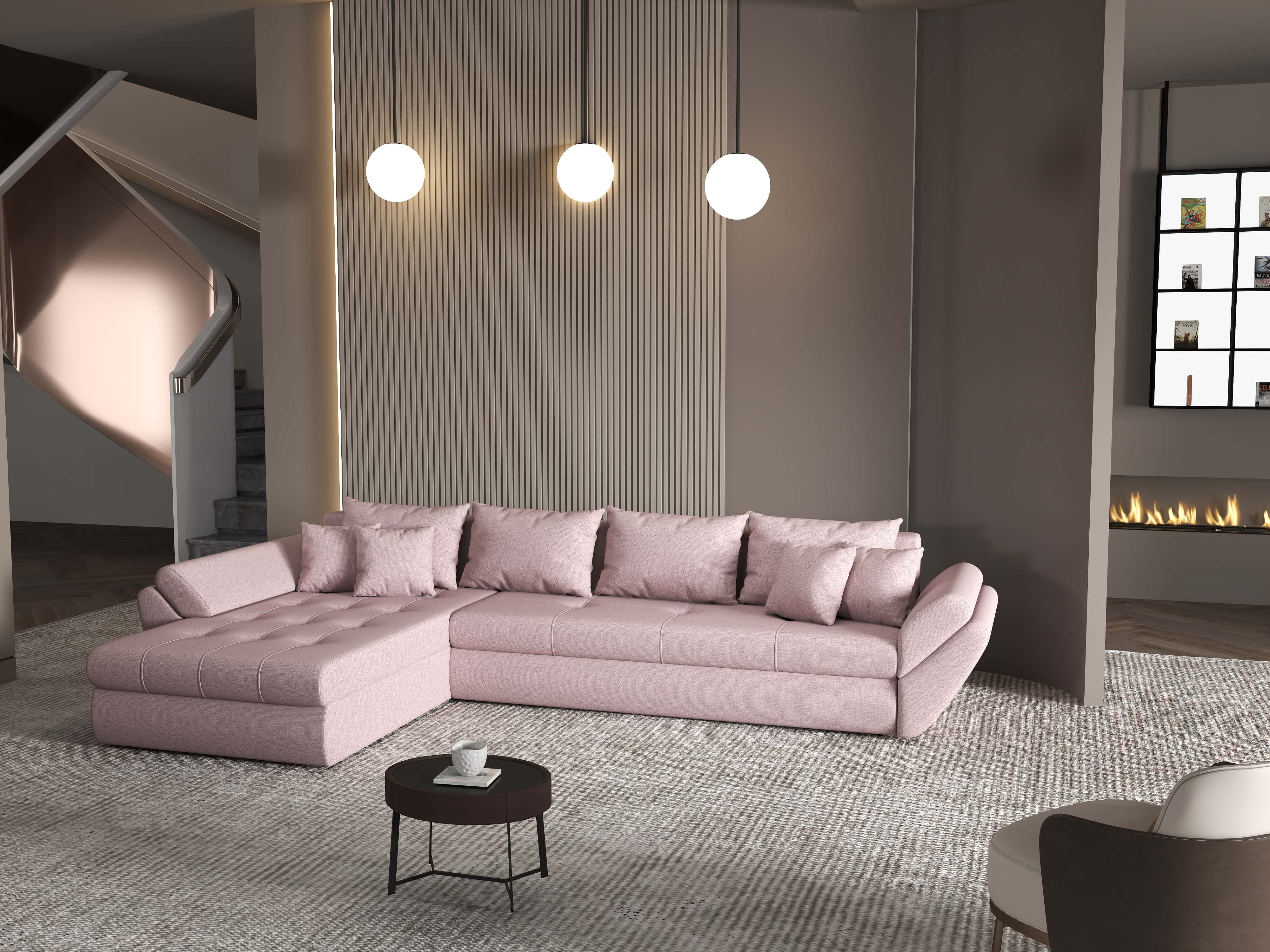 Colțar extensibil dumonde cu ladă de depozitare si sezut confortabil din spuma HR, Loana XL Enjoy Flamingo 335x185 cm Fabrica