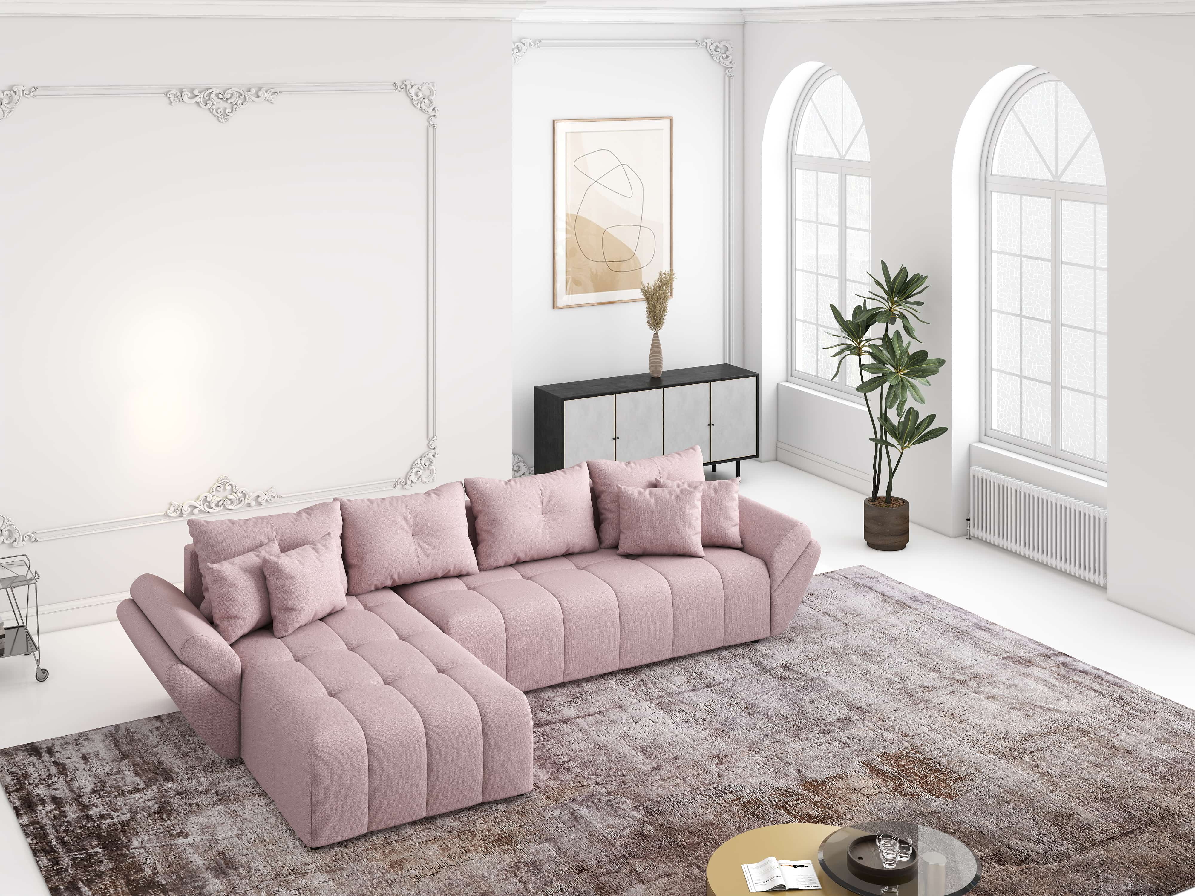 Colțar extensibil dumonde cu ladă de depozitare si sezut confortabil din spuma HR, Berlin XL Enjoy Flamingo 350x185 cm Fabrica