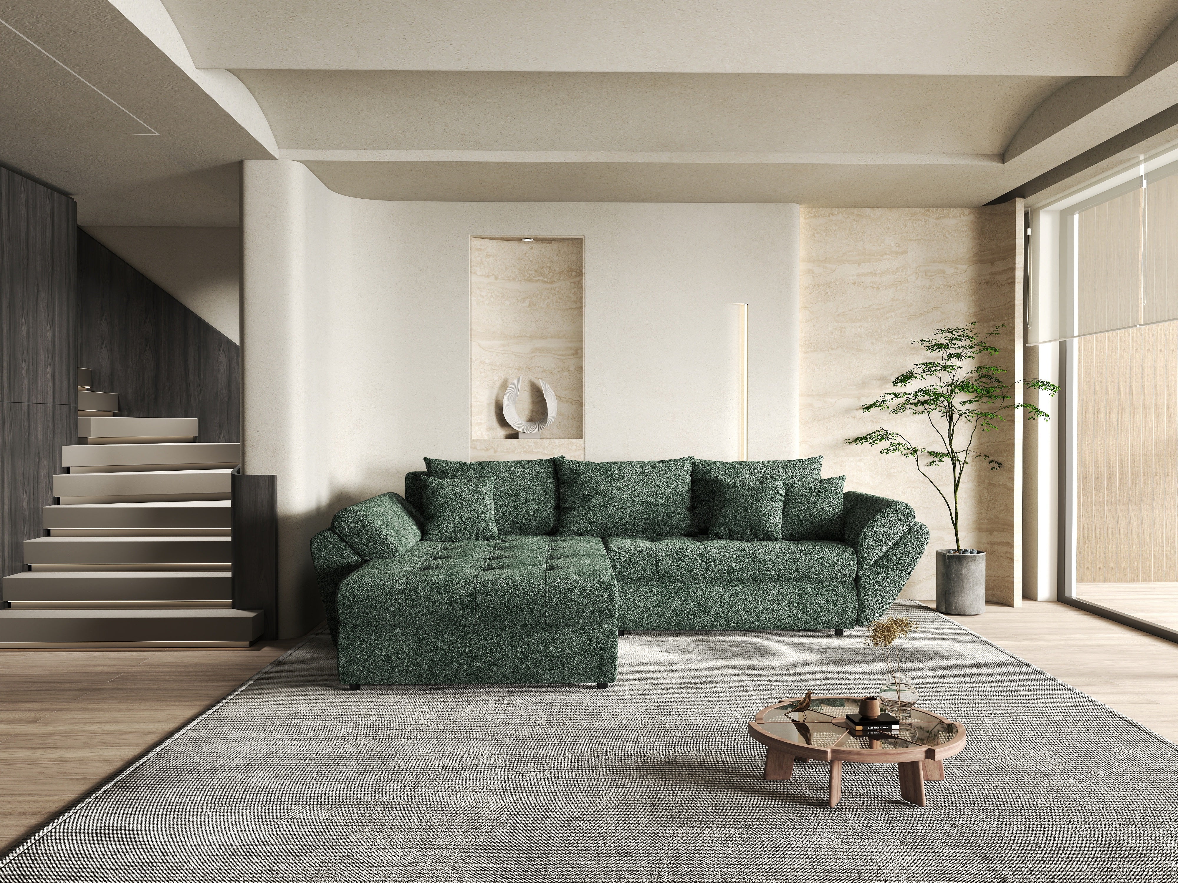 Colțar extensibil dumonde cu ladă de depozitare si sezut confortabil din spuma HR, Loana Euphoria Green 270x185 cm Fabrica