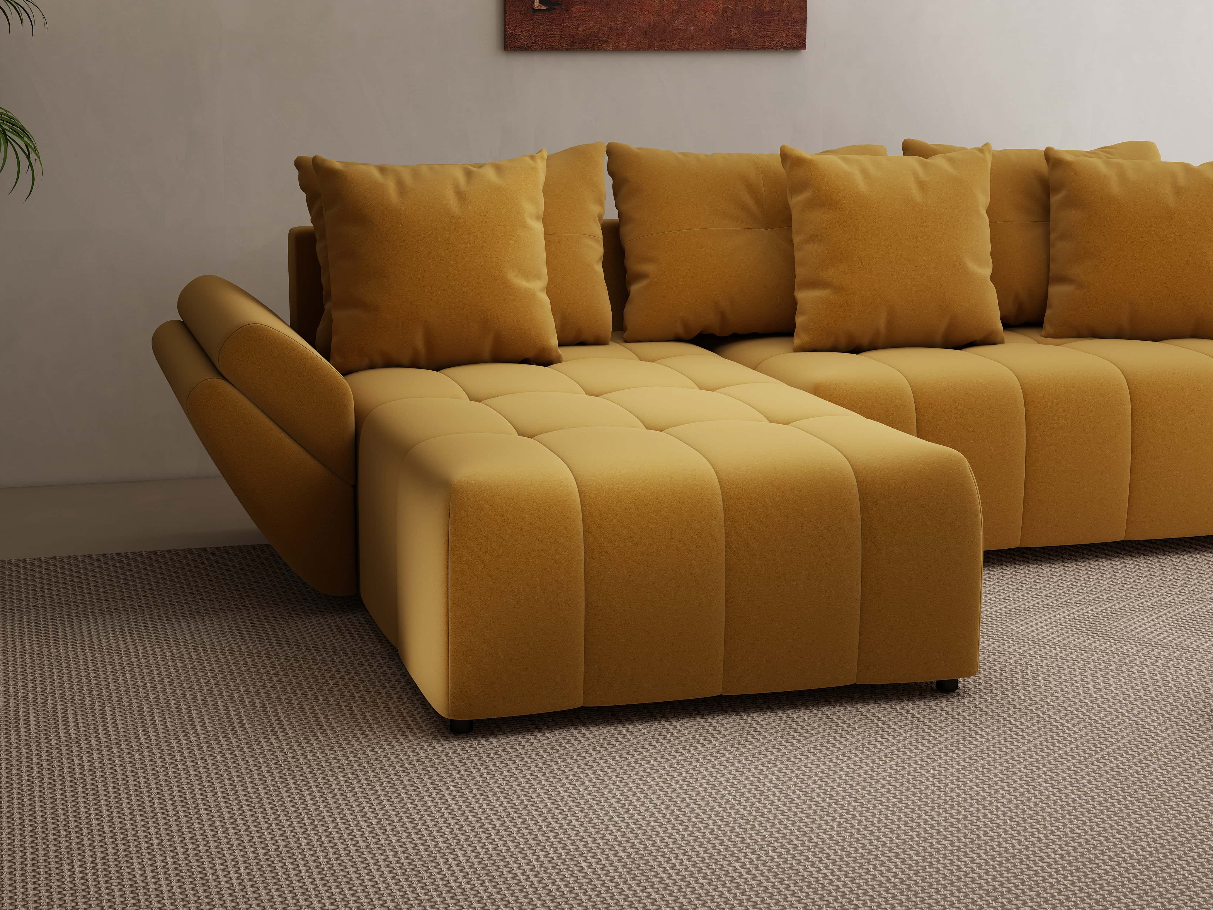 Colțar extensibil dumonde cu ladă de depozitare si sezut confortabil din spuma HR, Berlin Royal Mustar 280x185 cm Fabrica