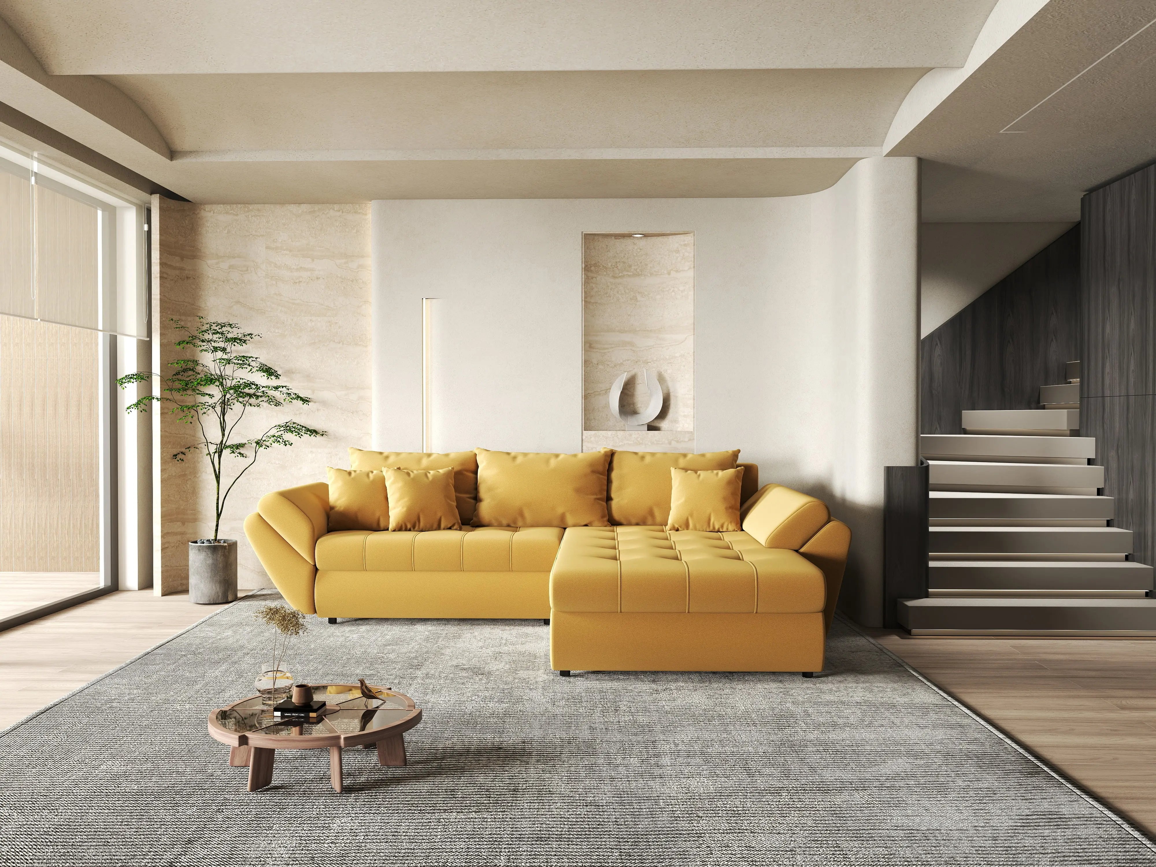 Colțar extensibil dumonde cu ladă de depozitare si sezut confortabil din spuma HR, Loana Muștar II 270x185 cm Fabrica