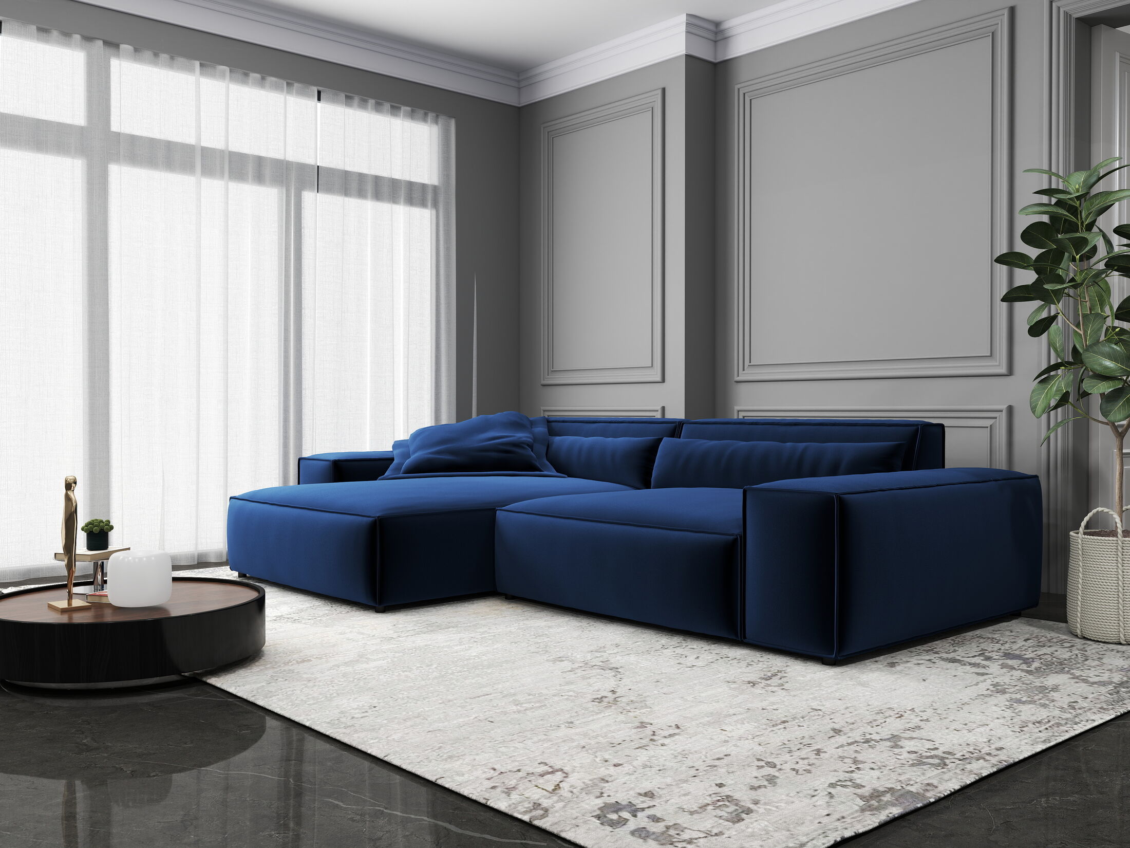 Colțar dumonde cu șezut confortabil din spumă HR, Marvelo Royal Albastru Navy 264x175 cm