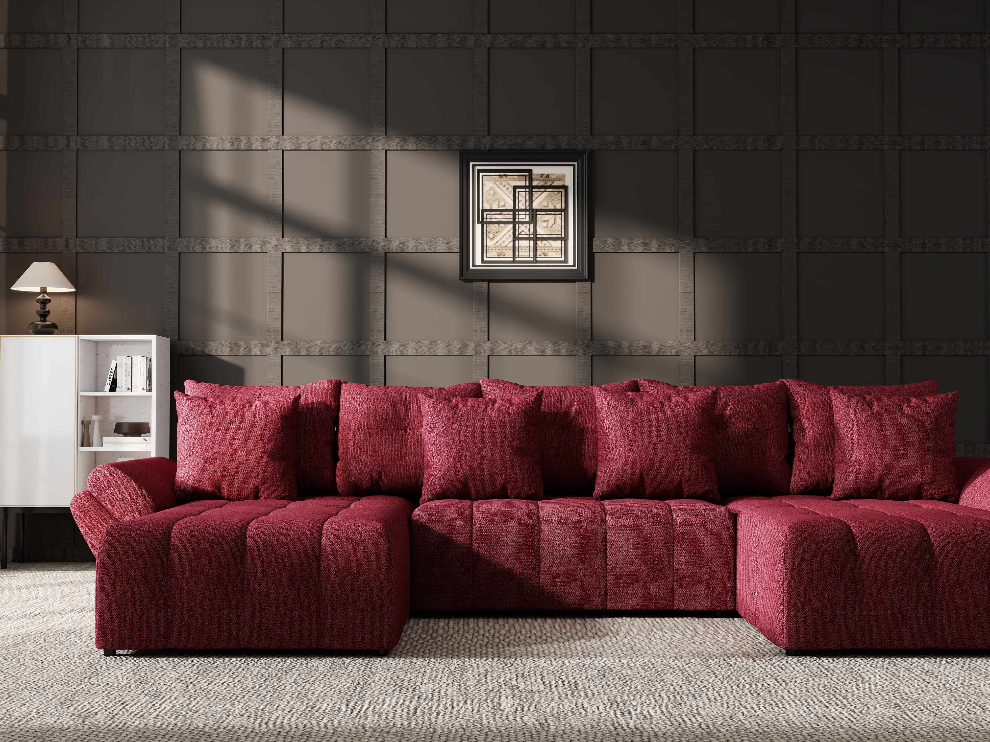 Colțar extensibil dumonde cu ladă de depozitare si sezut confortabil din spuma HR, Berlin U Enjoy Rosu 380x180 cm Fabrica