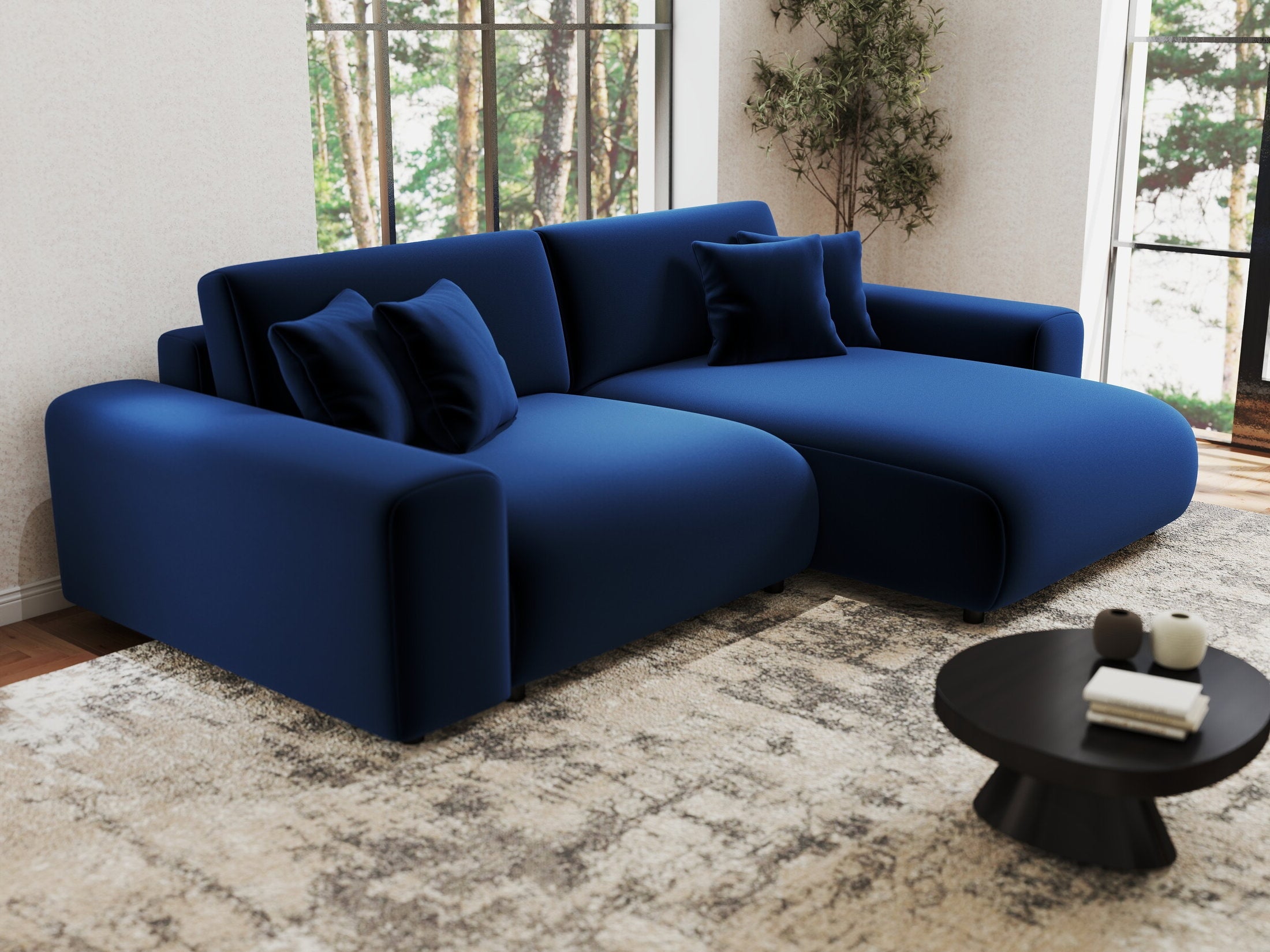 Colțar extensibil dumonde cu ladă de depozitare si sezut confortabil din spuma HR, Sarina Royal Albastru Navy 255x168 cm II