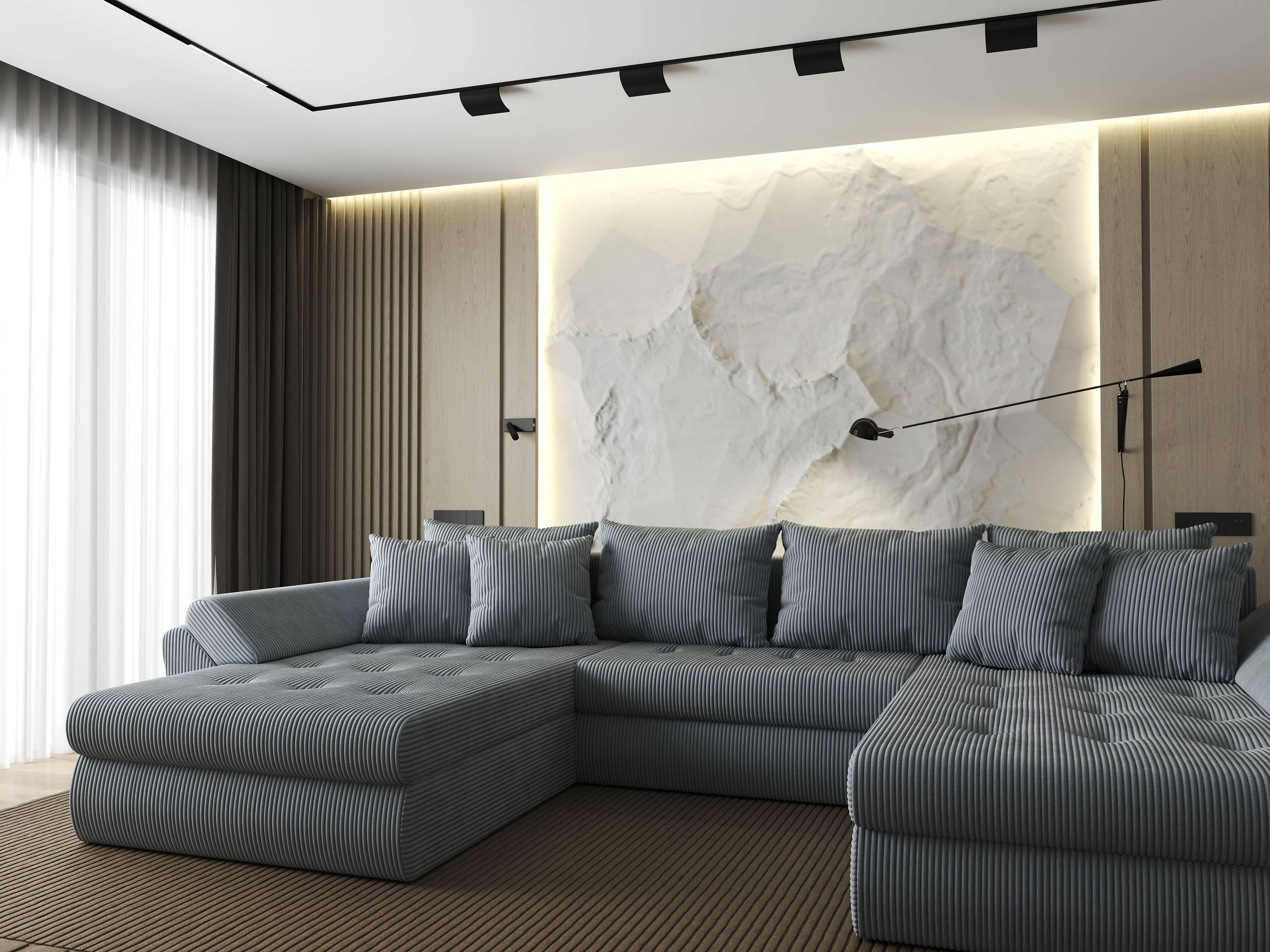 Colțar extensibil dumonde cu ladă de depozitare si sezut confortabil din spuma HR, Loana U Zoom Grey 355x185 cm Fabrica