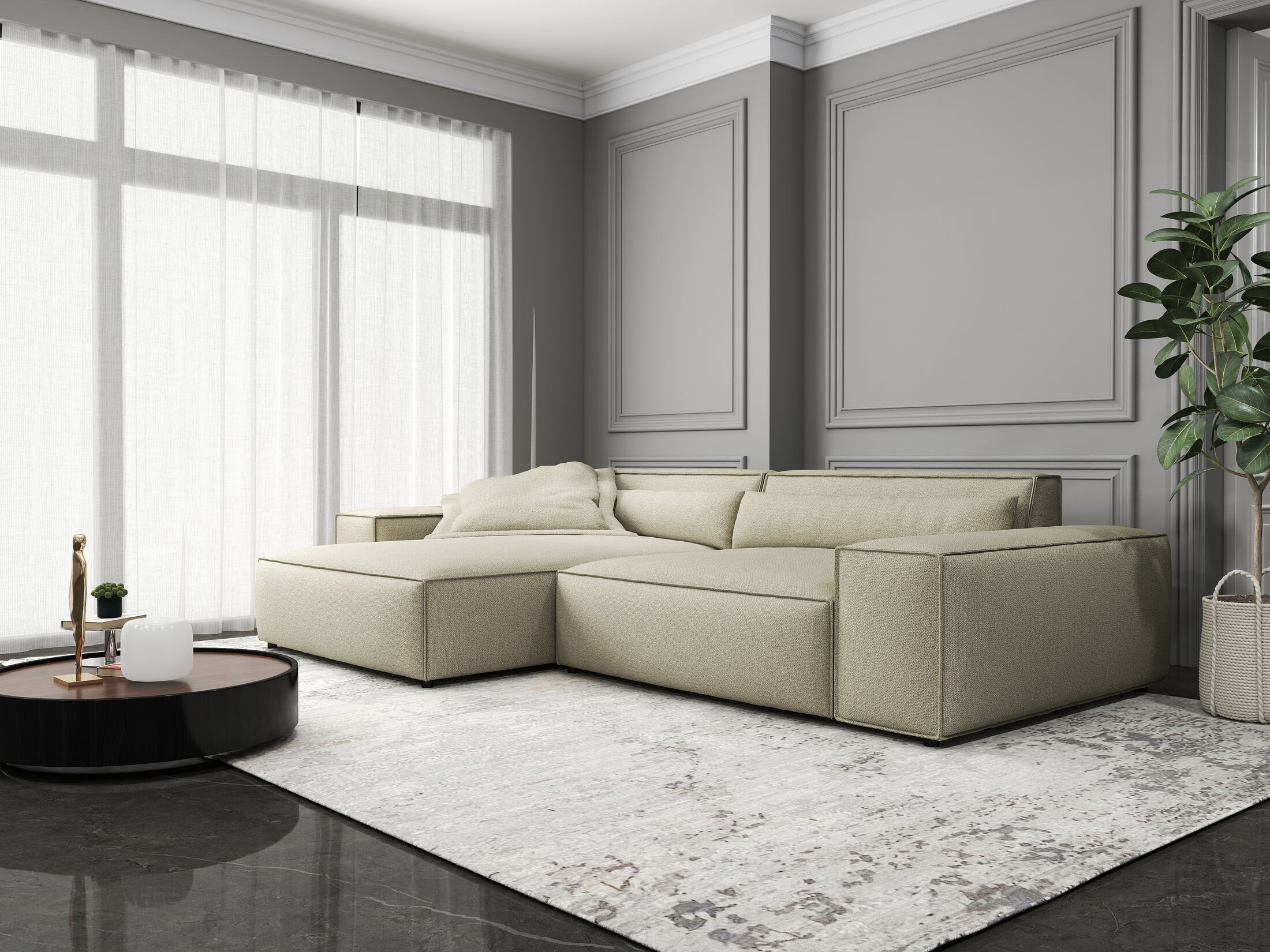 Colțar dumonde cu șezut confortabil din spumă HR, Marvelo Enjoy Bej 264x175 cm