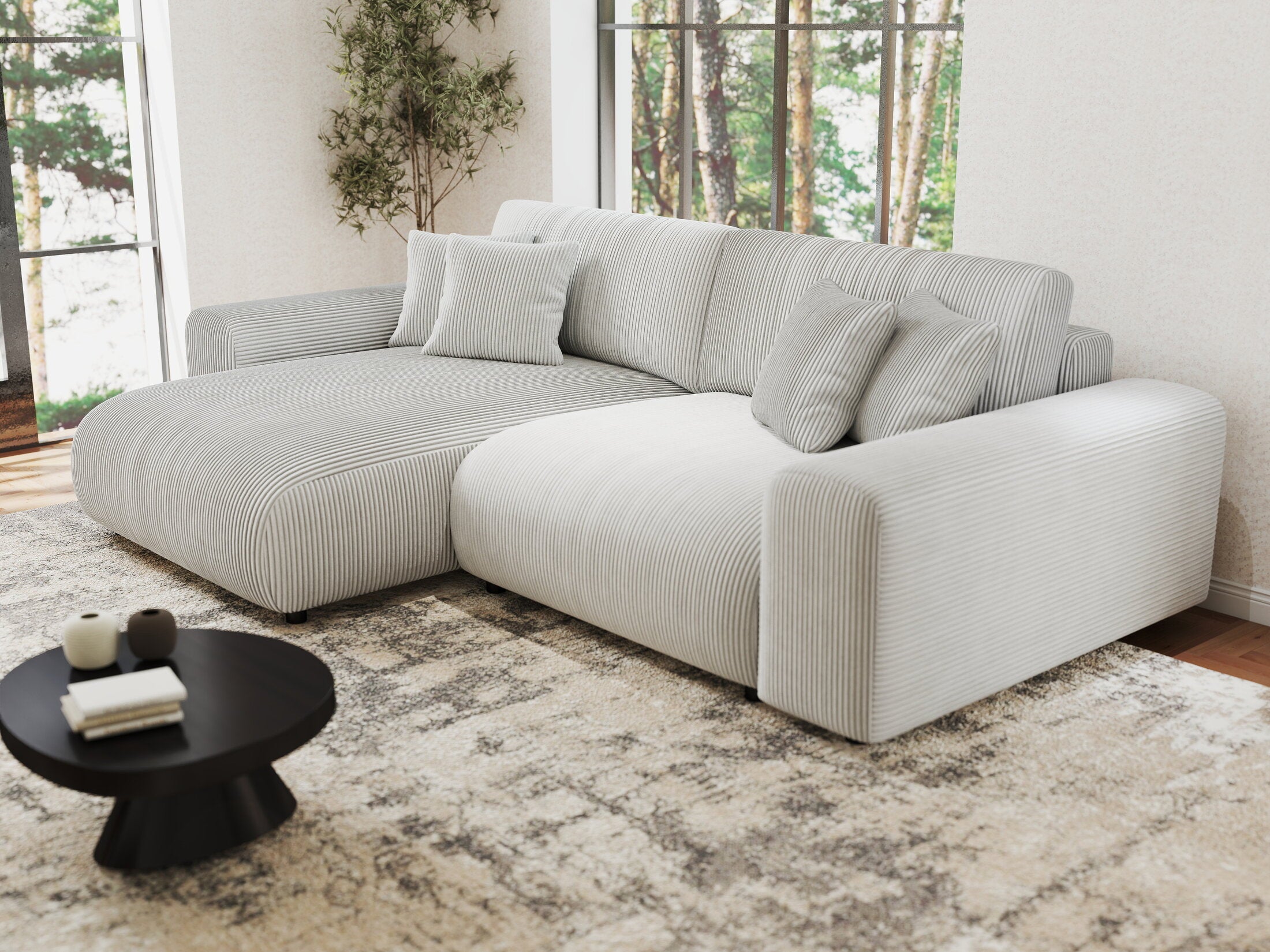 Colțar extensibil dumonde cu ladă de depozitare si sezut confortabil din spuma HR, Sarina Zoom Gri 255x168 cm