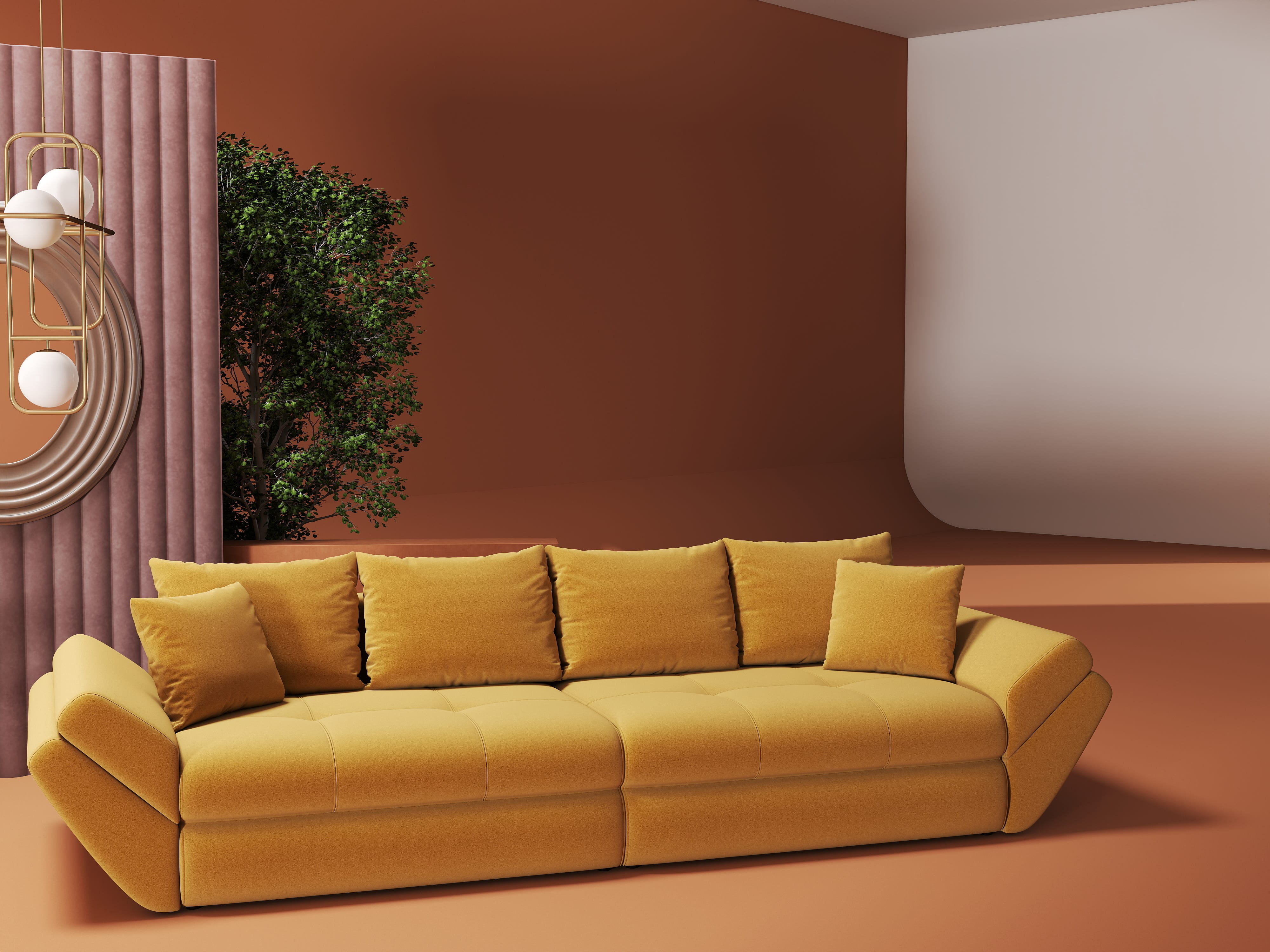 Canapea extensibilă dumonde cu ladă de depozitare si sezut confortabil din spuma HR, Loana Royal Mustar 300x100 cm Fabrica