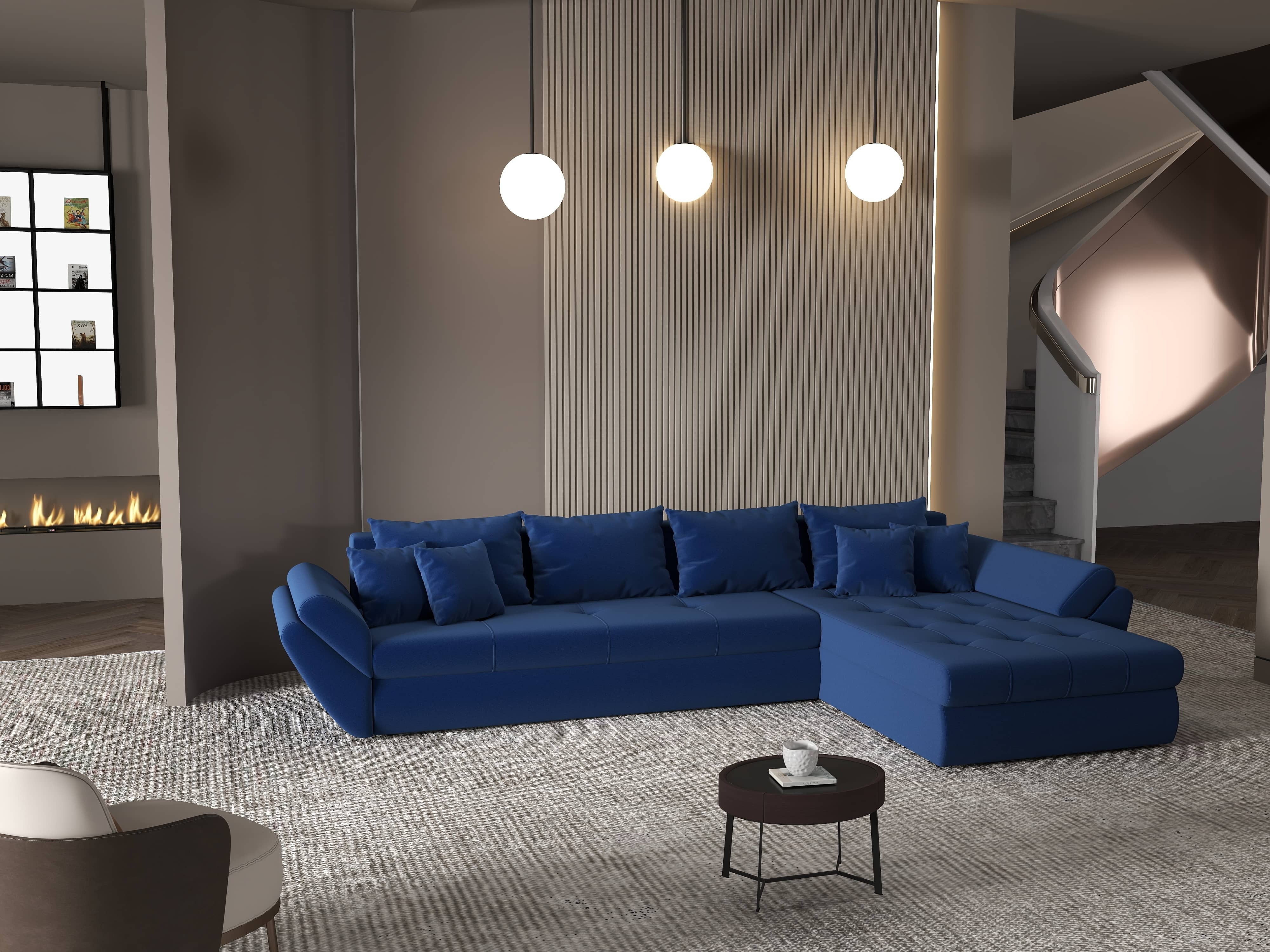 Colțar extensibil dumonde cu ladă de depozitare si sezut confortabil din spuma HR, Loana XL Royal Albastru II 335x185 cm Fabrica