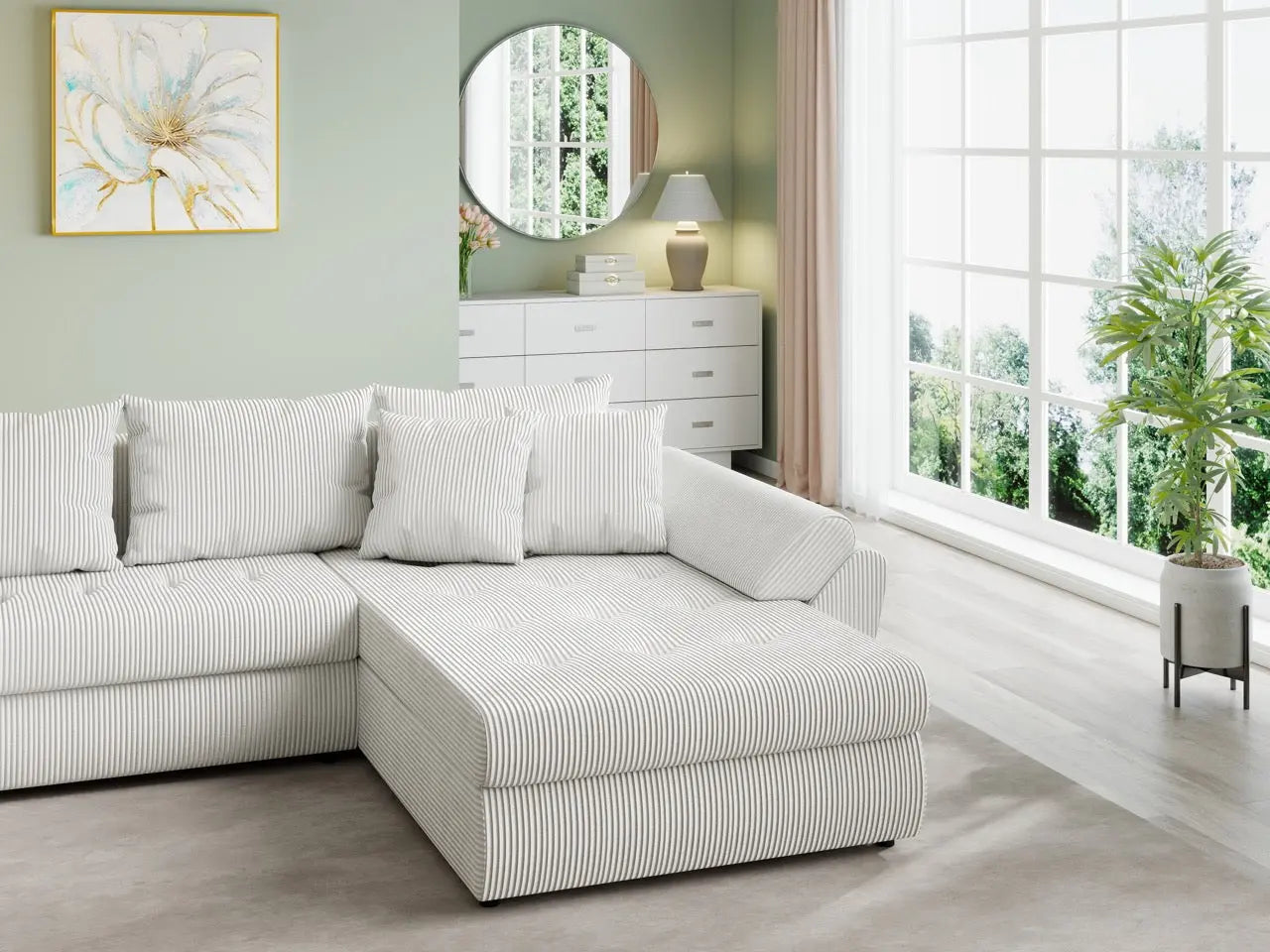 Colțar extensibil dumonde cu ladă de depozitare si sezut confortabil din spuma HR, Loana U Zoom Cream 355x185 cm Fabrica